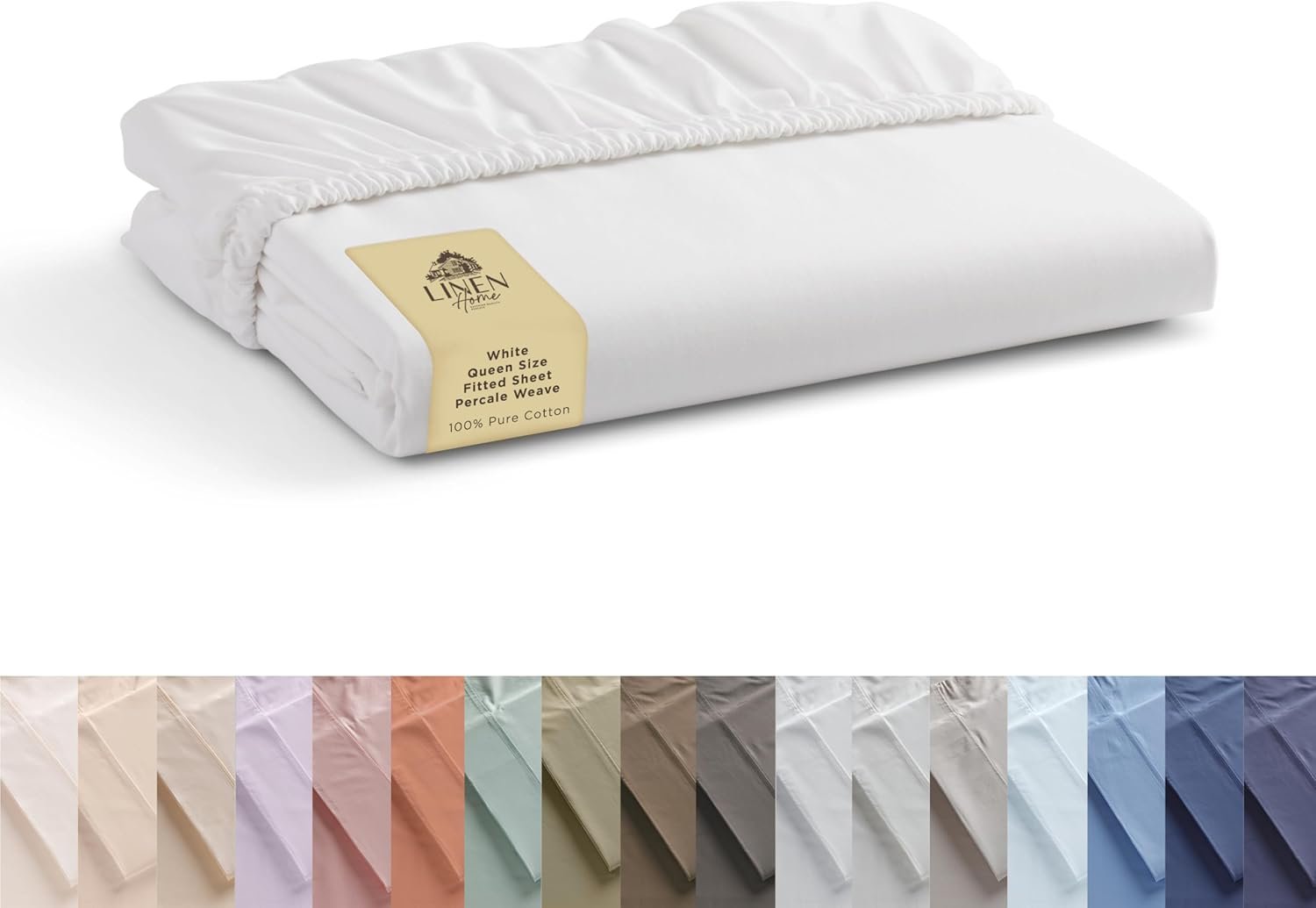 Linen Home 100% Cotton Percale Weave Fitted Sheet, Queen Size, White, 1 Deep Pocket Fitted Sheet, Fits Mattress Upto 16″ Crisp and Cool Strong Bed Linen, 60″X80″+15″