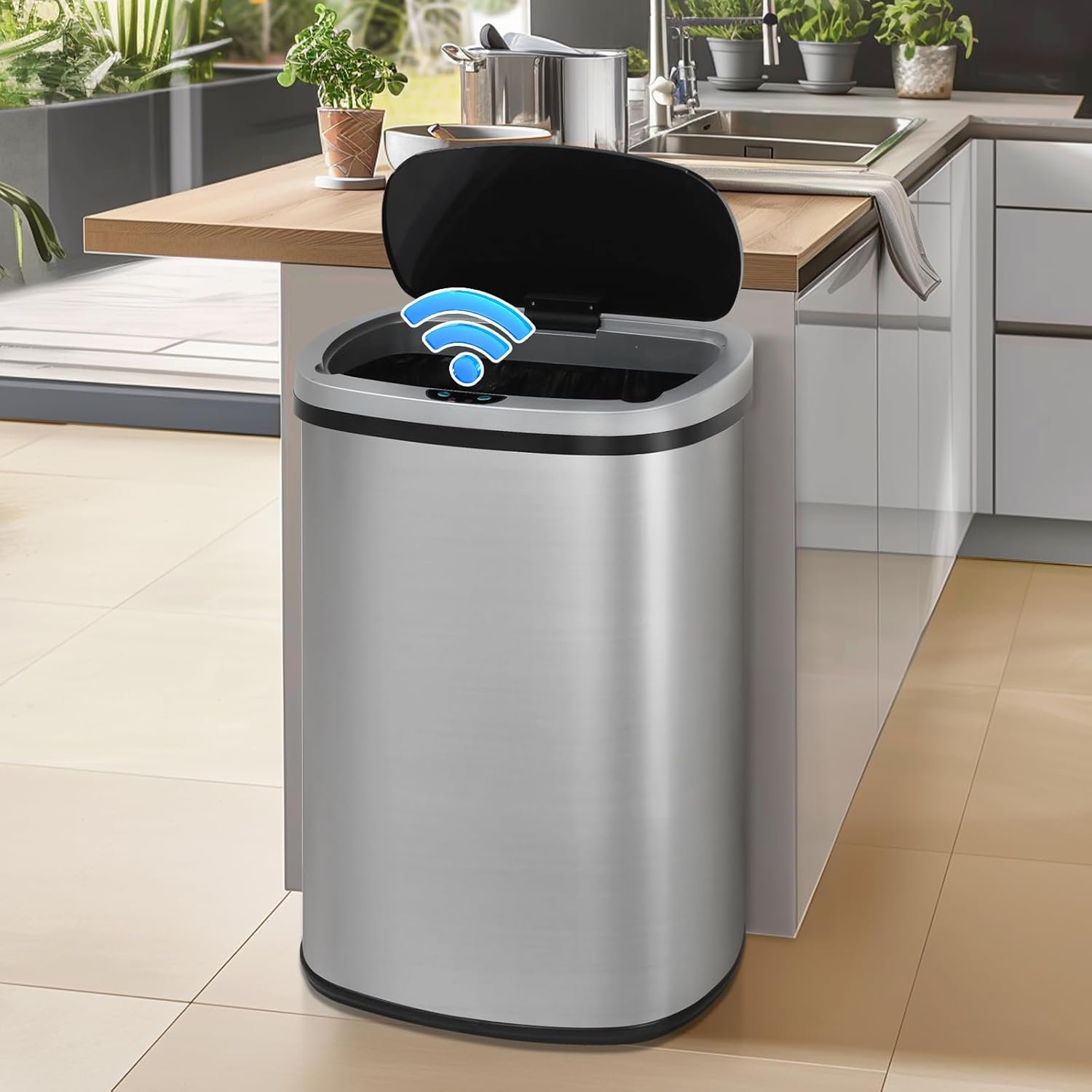 Dkeli 13 Gallon Automatic Motion Sensor Trash Can, Stainless Steel Touchless Kitchen Trash Can with Lid, 50L High-Capacity Office Bathroom Bedroom Garbage Bin