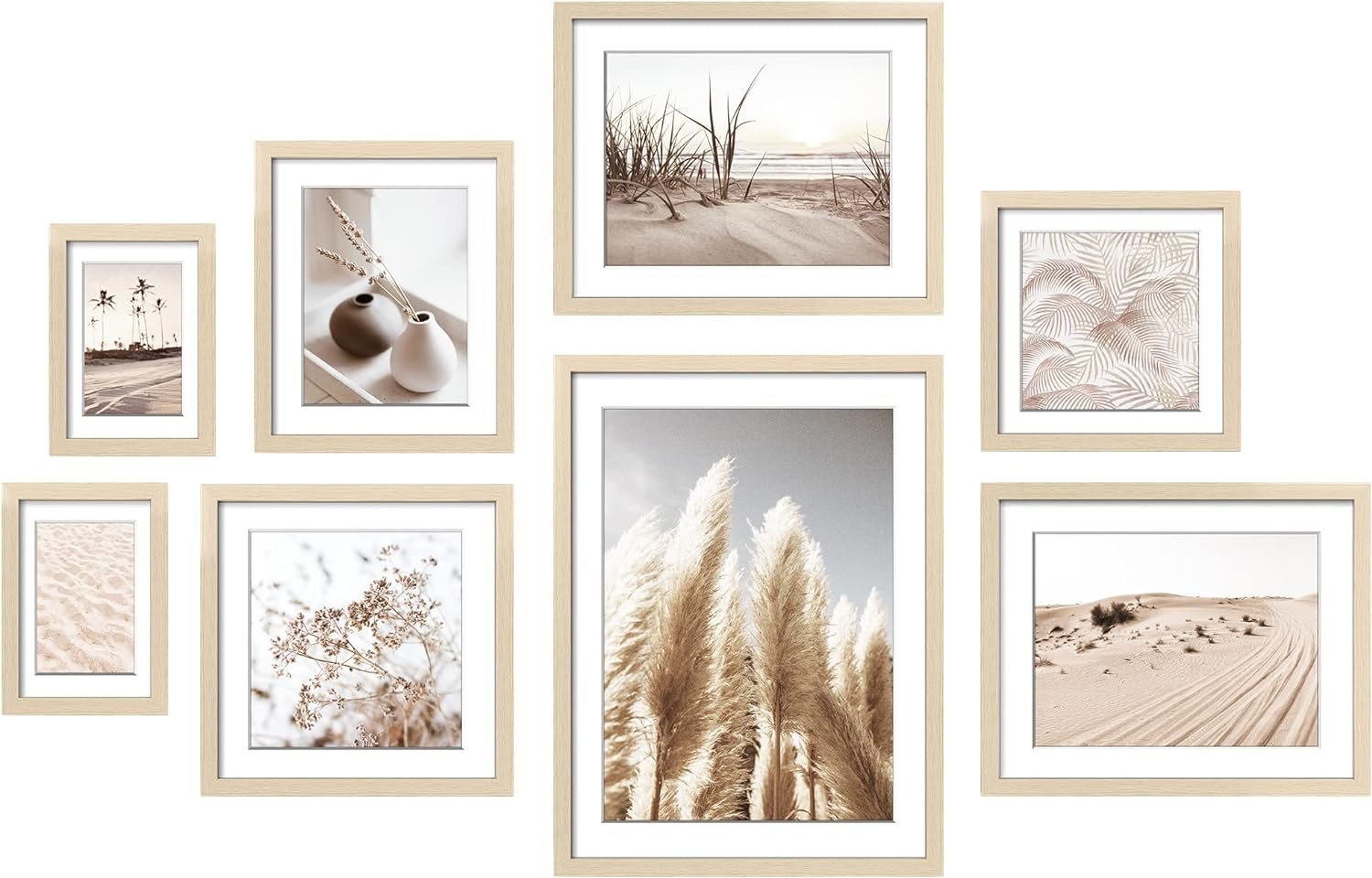 ArtbyHannah Gallery Wall Frame Set, 8 Pack Picture Frames Collage Wall Decor with Neutral Pampas Grass Art for Living Room, Assorted Size Including 11″x14″, 8″x10″, 5″x7″(Beige Frame)