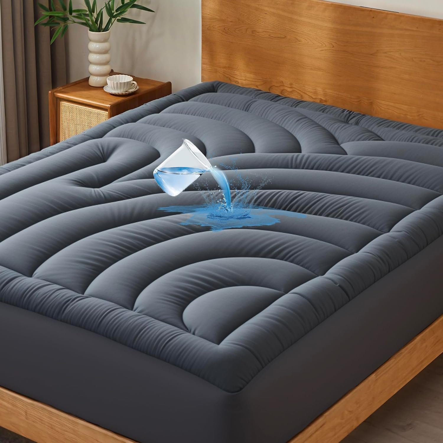 Waterproof Mattress Pad Queen, Quilted Fitted Queen Mattress Topper, Five-Layers Noiseless Mattress Protector Cover with 8″-21″ Deep Pocket, Machine Washable, Grey, 60×80