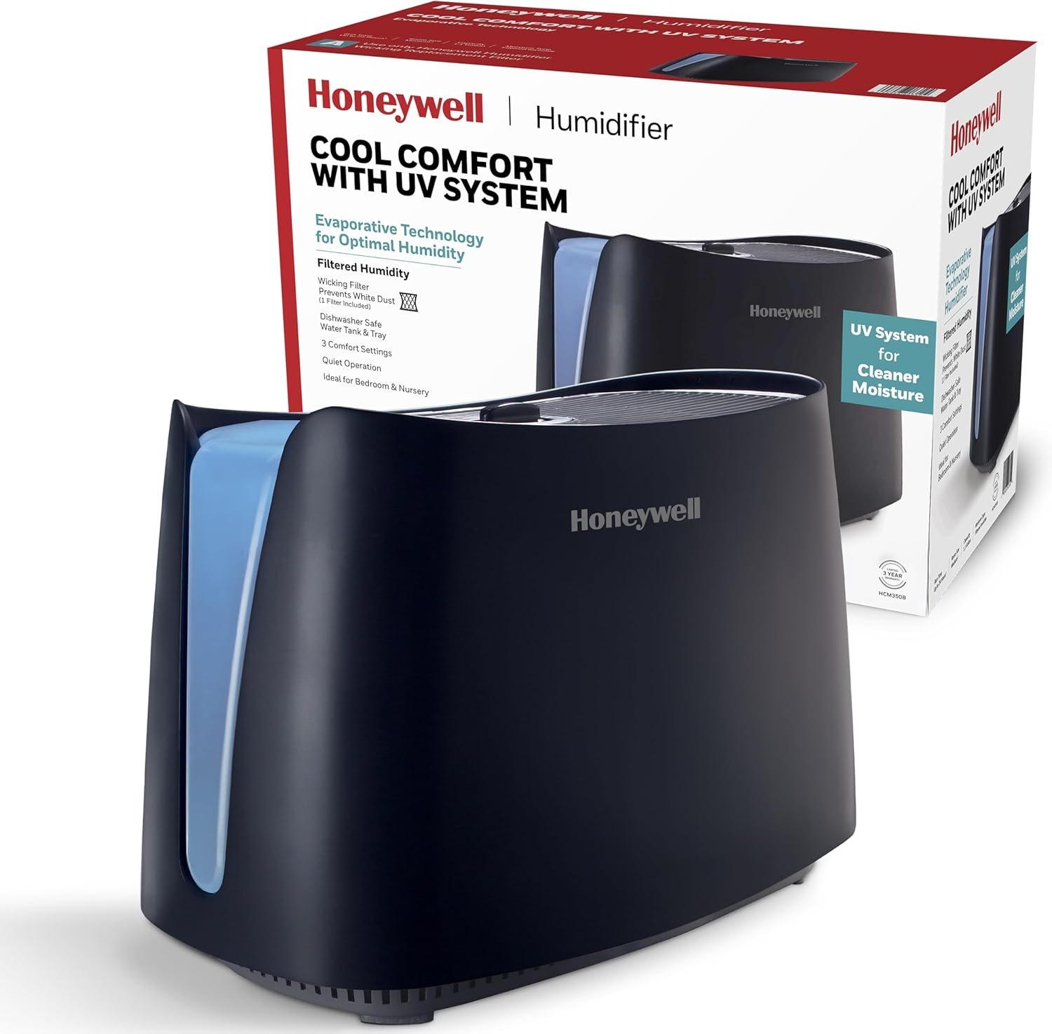 Honeywell Cool Moisture Humidifiers for Bedroom, Medium Rooms, 1.1 Gallon, Invisible Moisture Humidifier for Baby, Kids, Quiet, Easy to Clean, UV Technology, Black, HCM350B