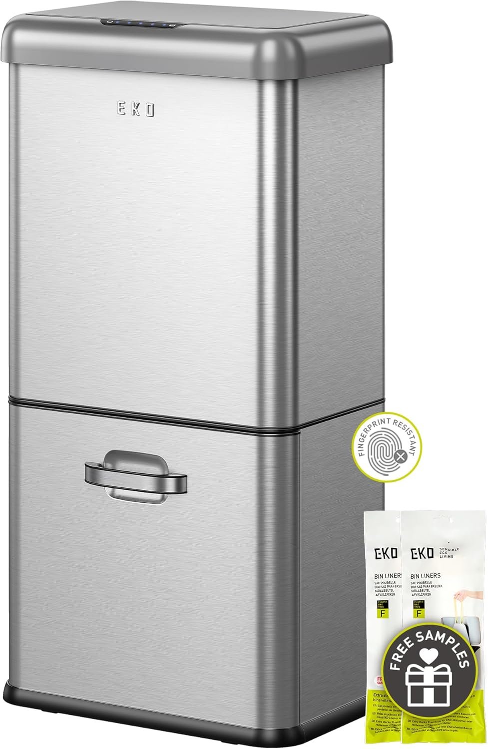 EKO Vintage 50L / 13.2 Gallon Motion Sensor Trash Can, Dual Compartment 32L + 18L Stainless Steel Kitchen Garbage Bin, Touchless Automatic Waste & Recycling Bin with Lid for Home or Office