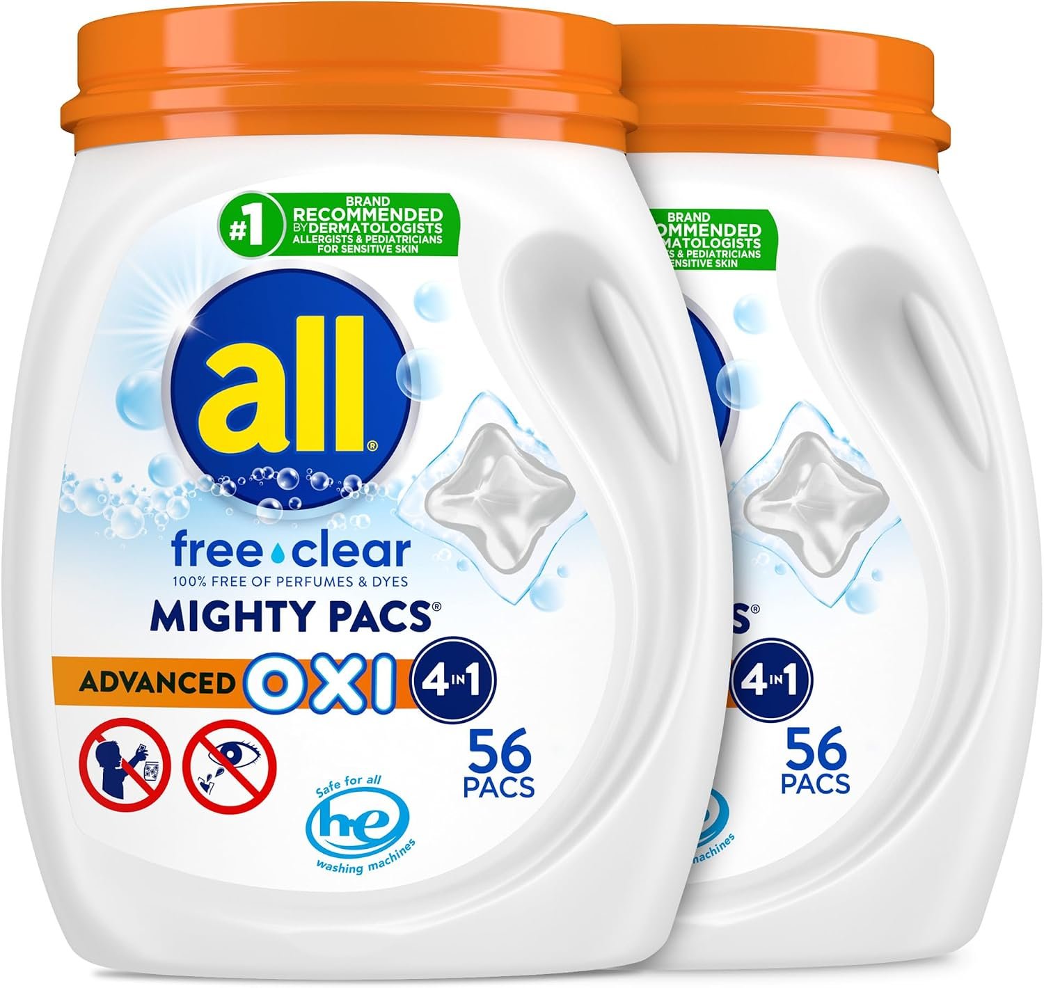 all free clear MIGHTY PACS Advanced OXI, Laundry Detergent Pacs, 56 Count (Pack of 2), Stainfighting, Unscented, and Hypoallergenic for Sensitive Skin, Dermatologist Tested, HE Safe