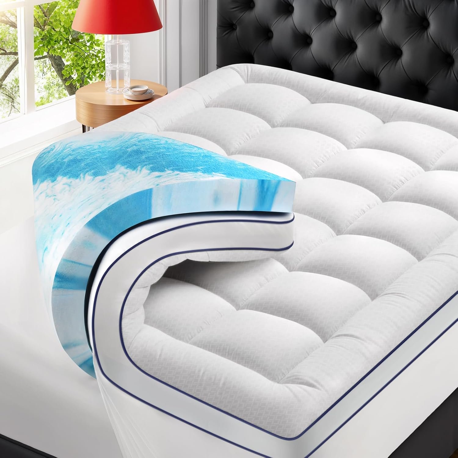 Premium Dual Layer 4 Inch Memory Foam Mattress Topper, 2 Inch Gel Memory Foam and 2 Inch Pillow Top Mattress Pad Cover for Back Pain, Extra Thick Comfort Support（Queen 60″x80″）