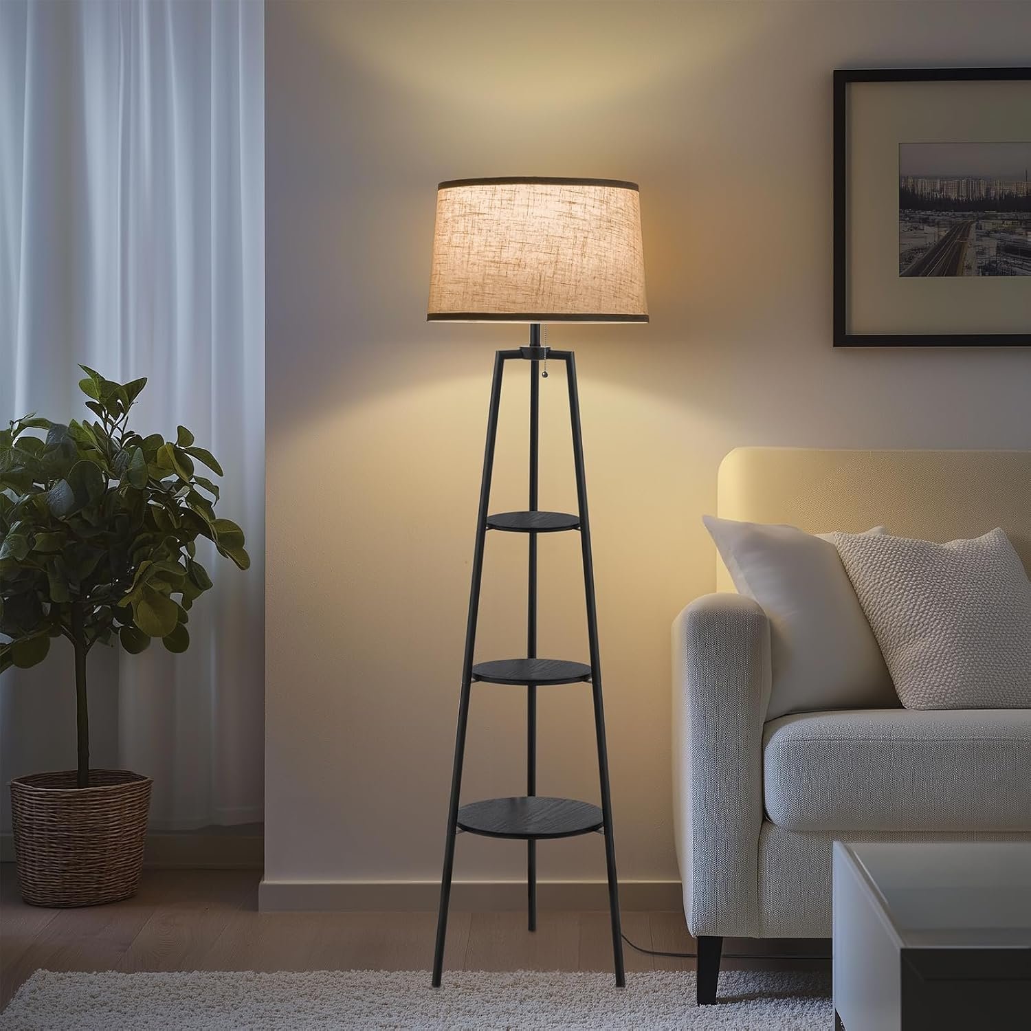 EOEYYOYB 3 Tier Shelf Floor Lamps for Living Room, Modern Standing Lamp with 3 Color Temperature Led Bulb, Tall Lamps for Bedroom and Office, Black