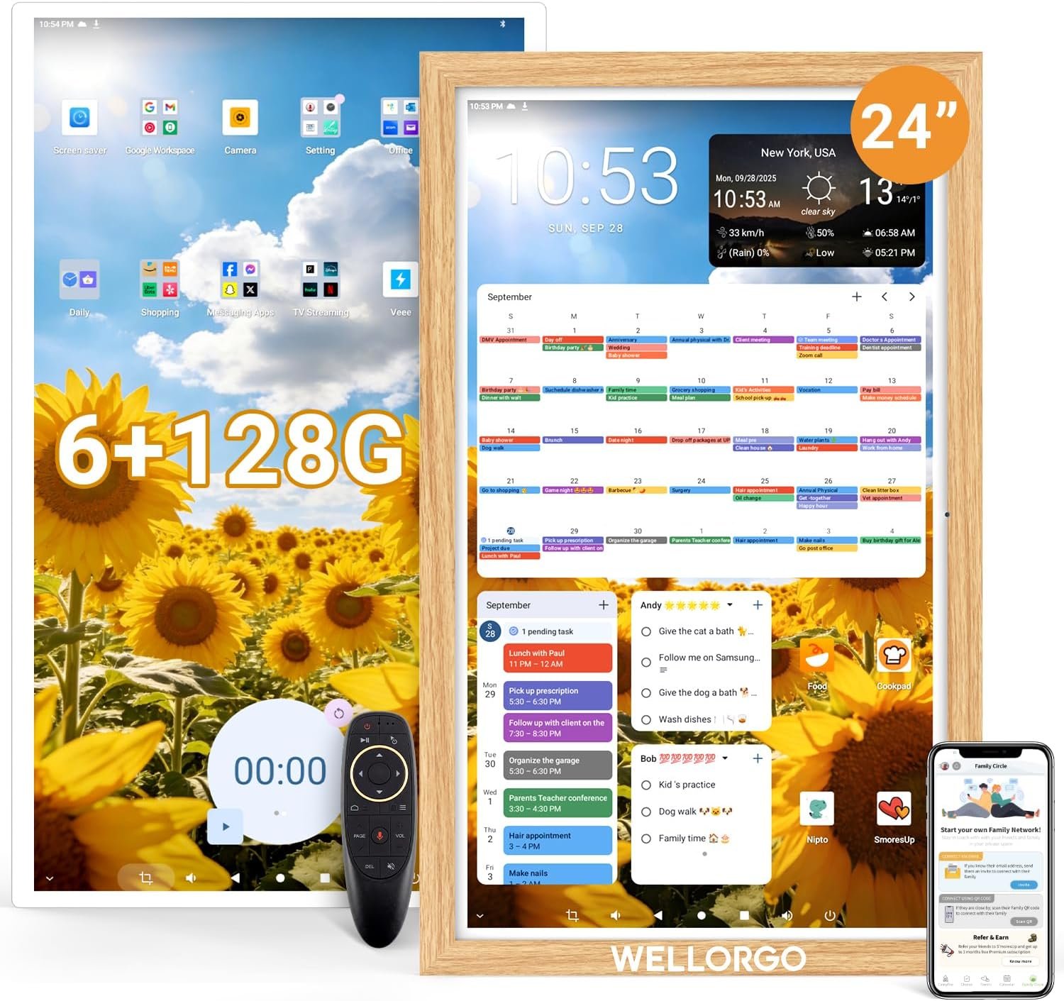 Smart Digital Calendar, 24” Electronic Planner with FHD Touch Screen & Remote Control, Electric Family Organizer with Chore Chart Google Play Customizable App, Wall Display Tablet with Camera