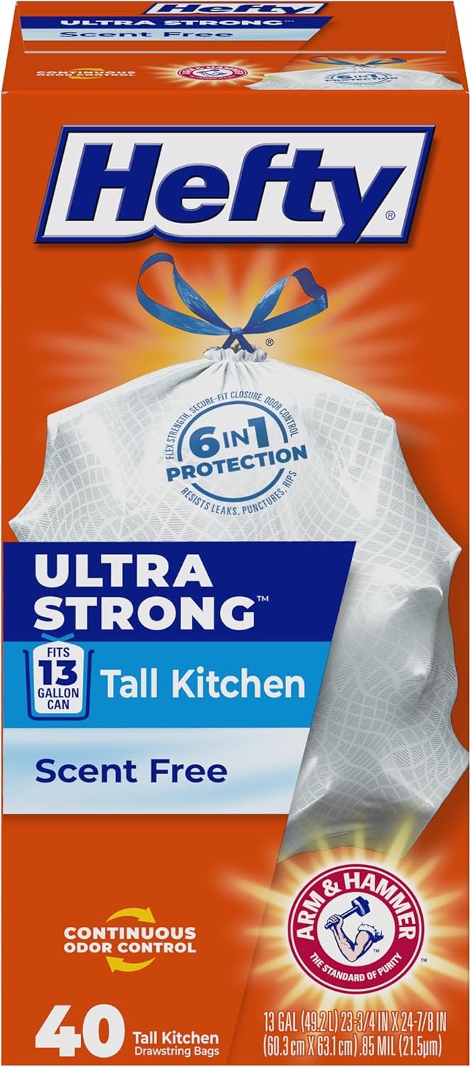 Hefty Ultra Strong 13 Gallon Trash Bags, Tall Kitchen Trash Bags 13 Gallon Size, Drawstring Closure, Continuous Odor Control, White, Unscented, 40 Bags