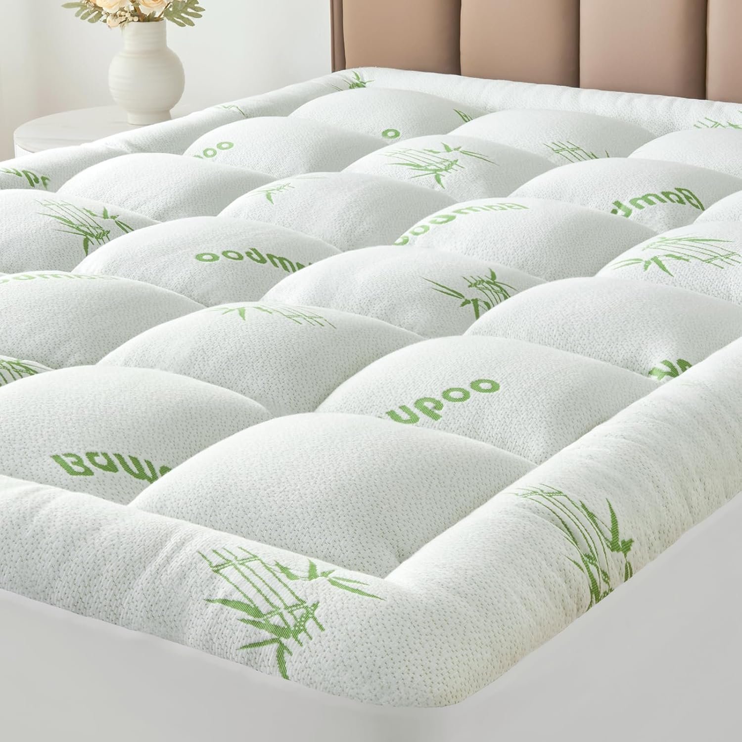 King Size Mattress Topper Viscose Derived from Bamboo, Soft Thick Pillow Top Mattress Pad Cover for Back Pain, Cooling Mattress Protector with 8-21 Inch Deep Pocket, White