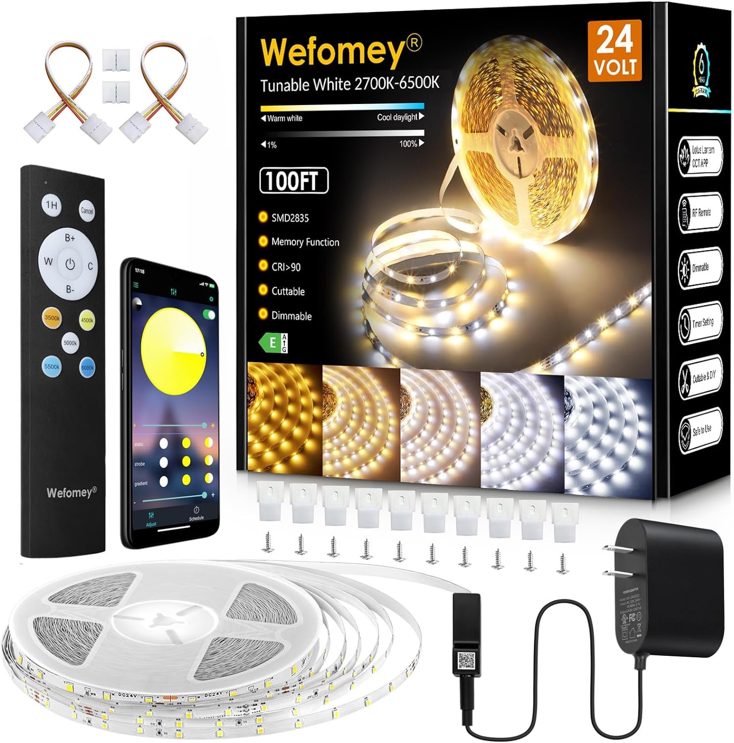 Wefomey White LED Strip Lights, 100ft Dimmable Bright 24V Led Tape Light with Remote and App Control, 2700K-6500K White 1440 LEDs Lights for Bedroom, Kitchen, Ceiling (1 Rolls of 100ft)