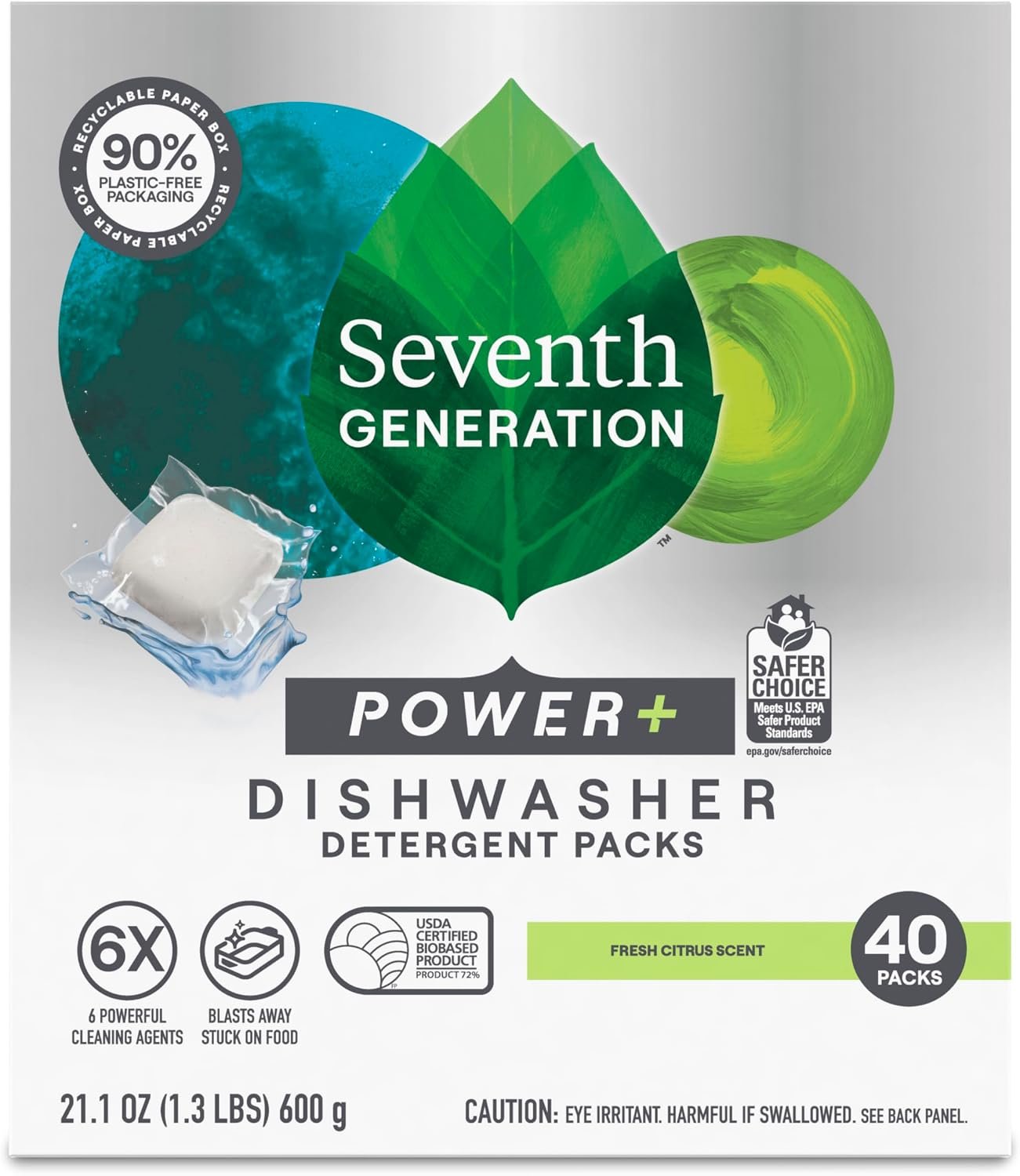 Seventh Generation Power Plus Dishwasher Detergent Packs Fresh Citrus scent for sparkling dishes Dishwasher tabs 40 count