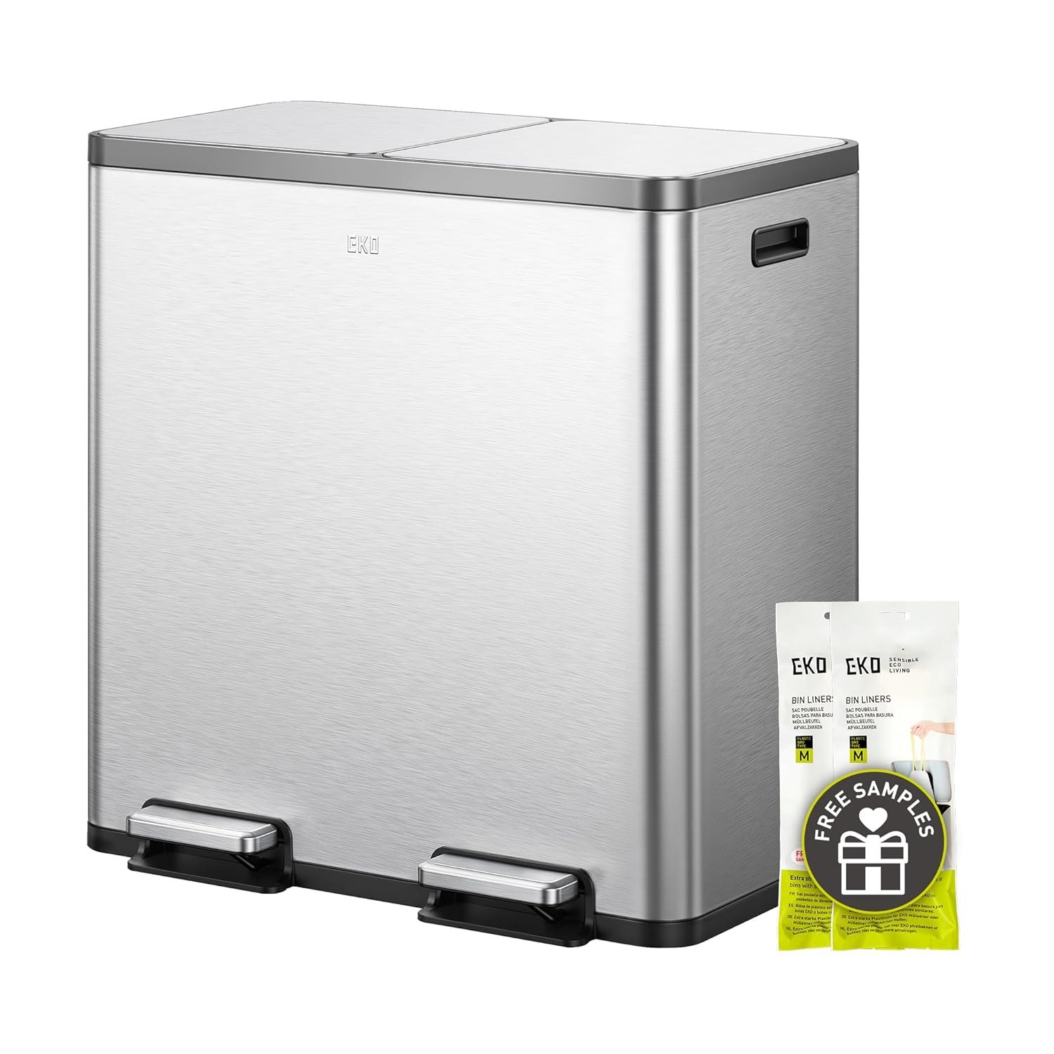EKO EcoCasa Plus 2 x 10.6 Gal Dual Recycling Trash Can for Kitchen, Large Stainless Steel Step-On Garbage Can with Soft-Close Lids, Odor-Proof and Fingerprint-Resistant, Removable Buckets with Handles
