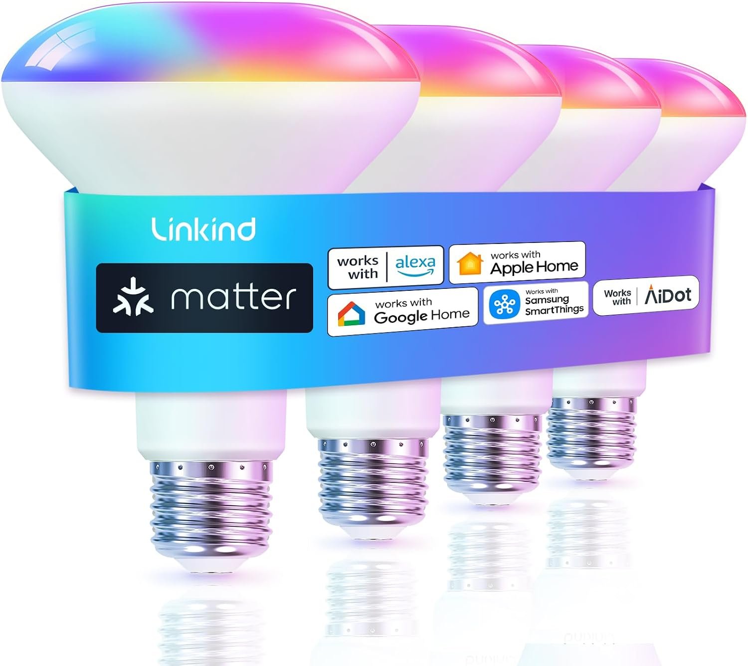 Linkind Matter Smart Light Bulb, BR30 Smart Bulbs, Recessed LED Color Changing Light Bulbs RGBTW, E26 Smart Flood Light Bulbs 650LM 60W Work with Alexa, Apple Home, Google Home, SmartThings, 4Pack