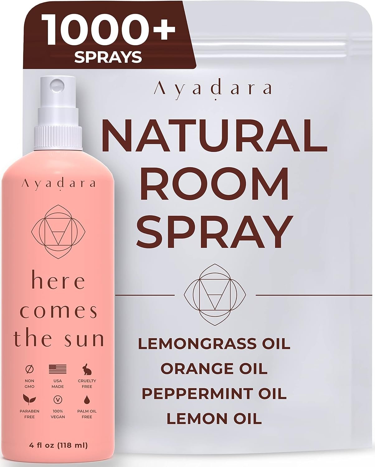 Ayadara Natural Room Spray, 4 oz, Aromatherapy for Room, Fragrance Spray and Home/Linen Deodorizer Mist, All Natural Spray Air Freshener with Lemongrass and Peppermint Oil, 1000 Sprays