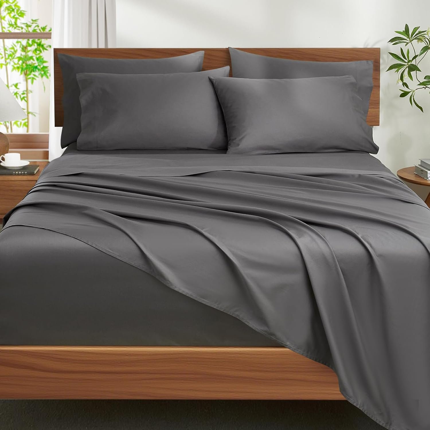 Ivellow 100% Egyptian Cotton Sheets Queen Size Set – 1200 Thread Count 6 PC 18″ Deep Pocket Queen Size Bed Sheet Set，Luxury Soft Breathable Grey Cooling Sheet Sets Durable Hotel Quality Bedding