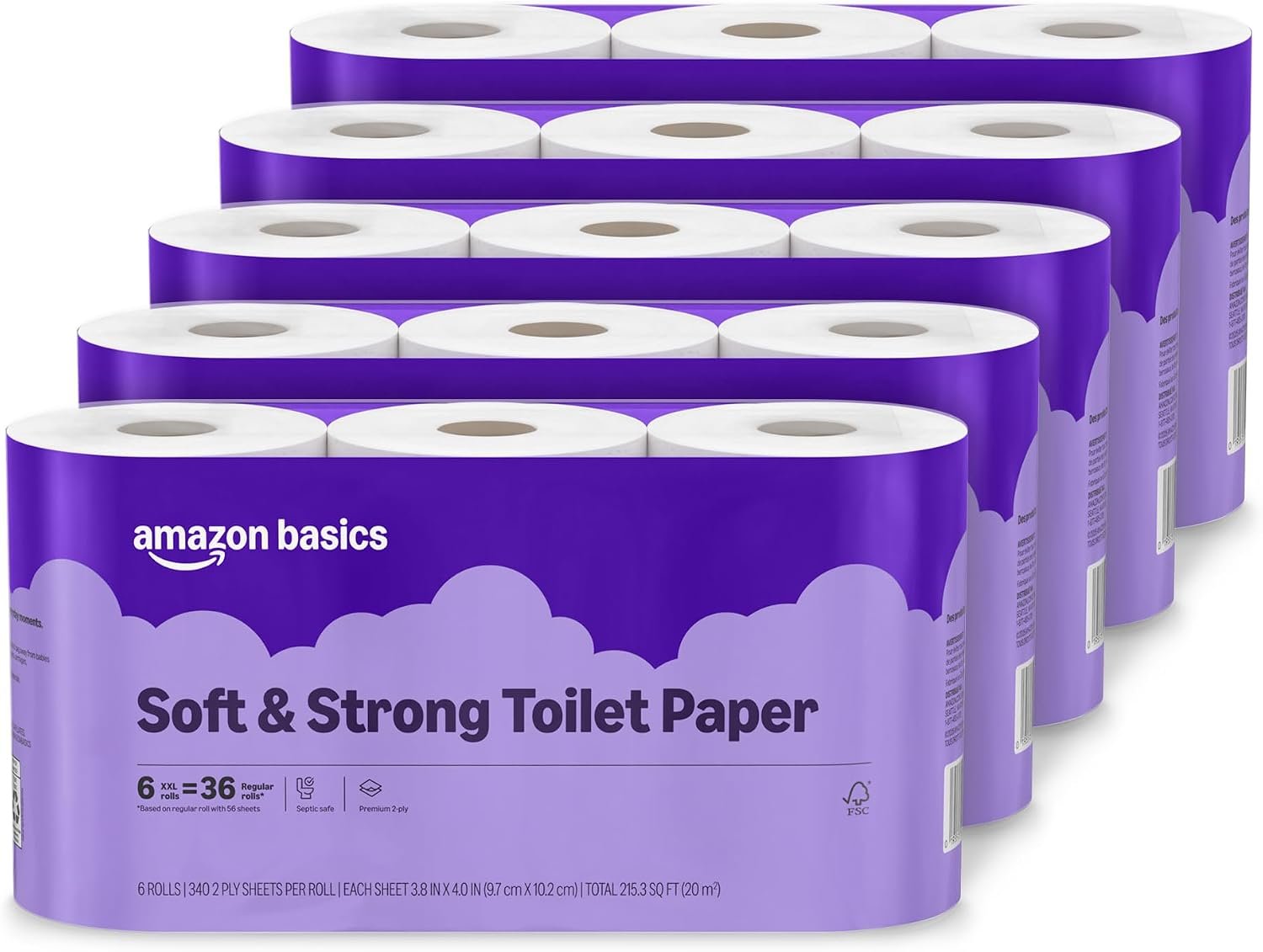 Amazon Basics Soft and Strong 2-Ply Toilet Paper, 30 Ultra Rolls = 120 Regular Rolls, Unscented, 340 Sheet (5 Packs of 6), Packaging May Vary