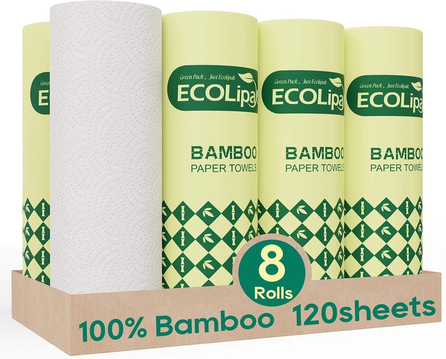 ECOlipak Bamboo Paper Towels – 8 Rolls, 2 Ply 120 Sheets- Plastic Free, Tree Free, Compostable, Disposable Kitchen Paper Towels, Soft and Absorbent, PFAS Free, White