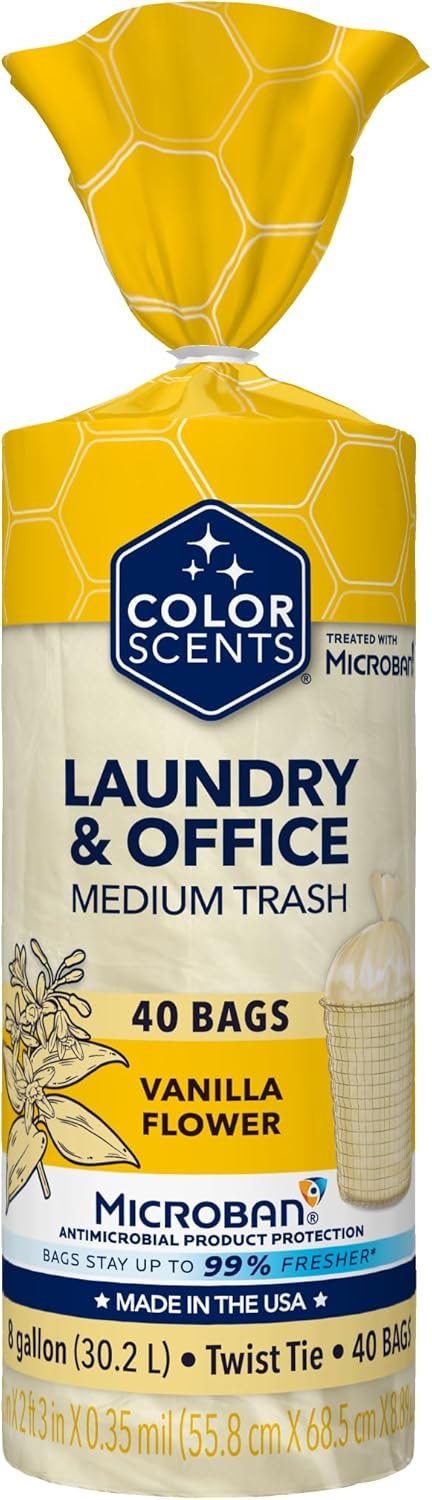 Color Scents Medium Trash Bags – 8 Gallon, 40 Bags (1 Pack of 40 Bags) Twist Tie – Cream Color Bag in Vanilla Flower Scent with Microban