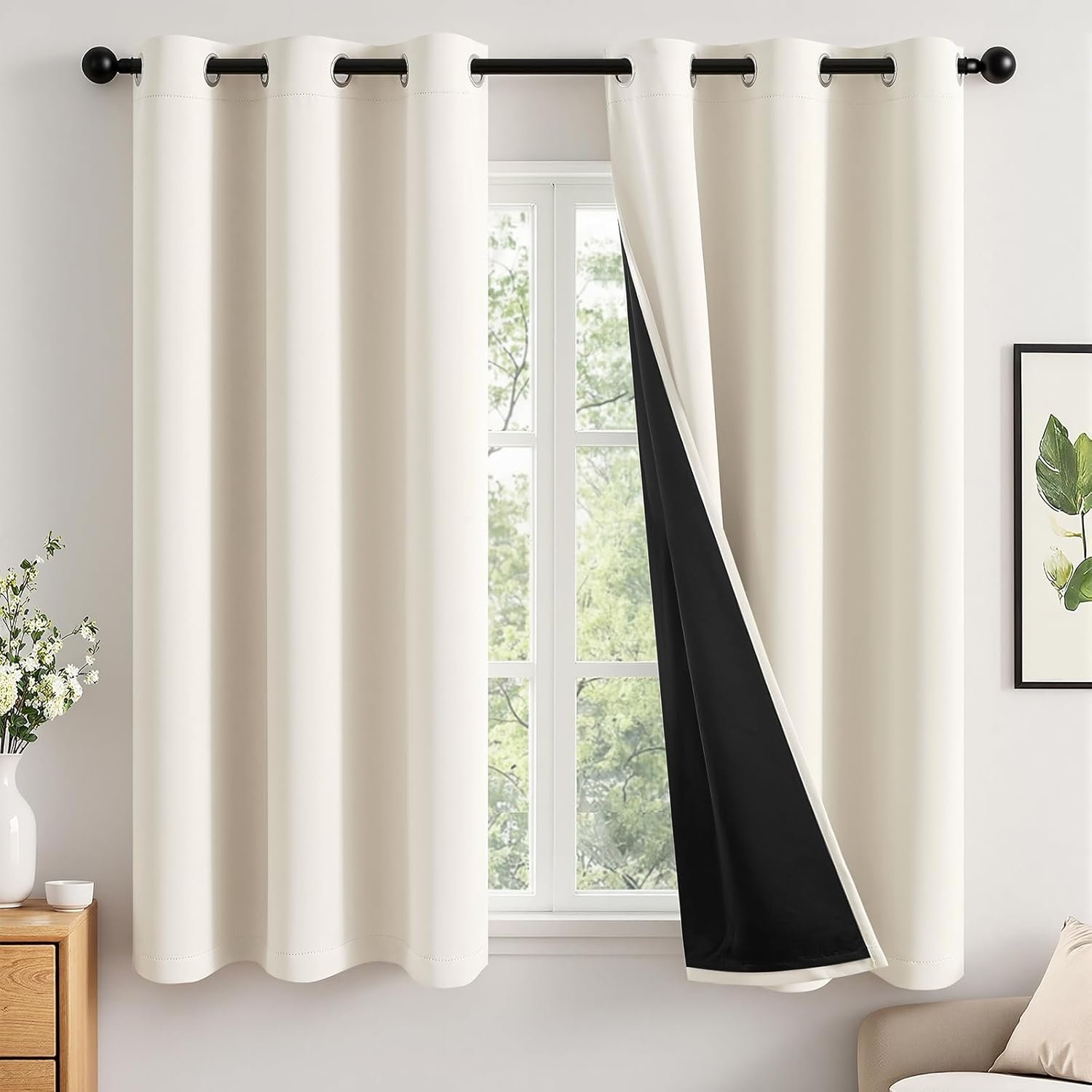MIULEE Cream 100% Blackout Curtains for Bedroom 63 Inch Long, 2 Thick Layers Thermal Insulated Black Out Window Curtains with Black Liner, Noise Reducing Grommet Living Room Drapes 2 Panels Set Ivory