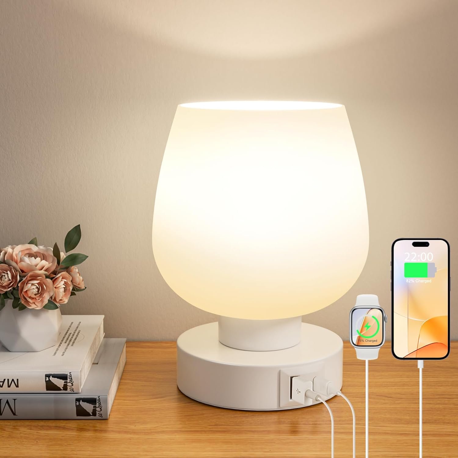 Touch Table Lamp for Nightstand – Bedside Lamp with USB C+A Charging Ports for Bedroom Living Room Night Stands, Desk Lamp with White Glass Shade for Small Spaces, 3 Way Dimmable, LED Bulbs, Gifts