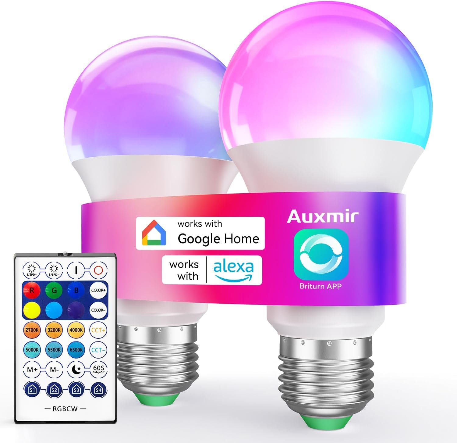 Auxmir Smart Light Bulbs with Remote, RGB+CCT Color LED Light Bulbs Work with Alexa & Google Home, Multiple Scene and Music Sync Light Bulb, A19 9W 800LM, WiFi Bluetooth 2.4GHz No Hub Required, 2-Pack