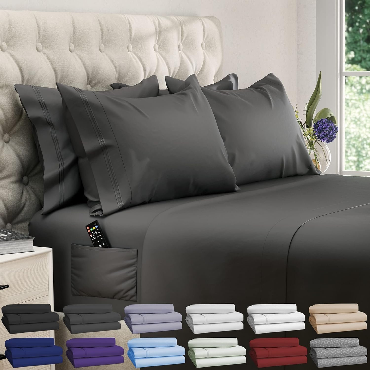 DREAMCARE King Size Sheets Set – 6 pcs Breathable Cooling Bed Sheets – up to 21″ Extra Deep Pocket King Sheet Set with Side Pockets – Extra Soft 100% Brushed Hypoallergenic Hotel Luxury Bedding – Gray