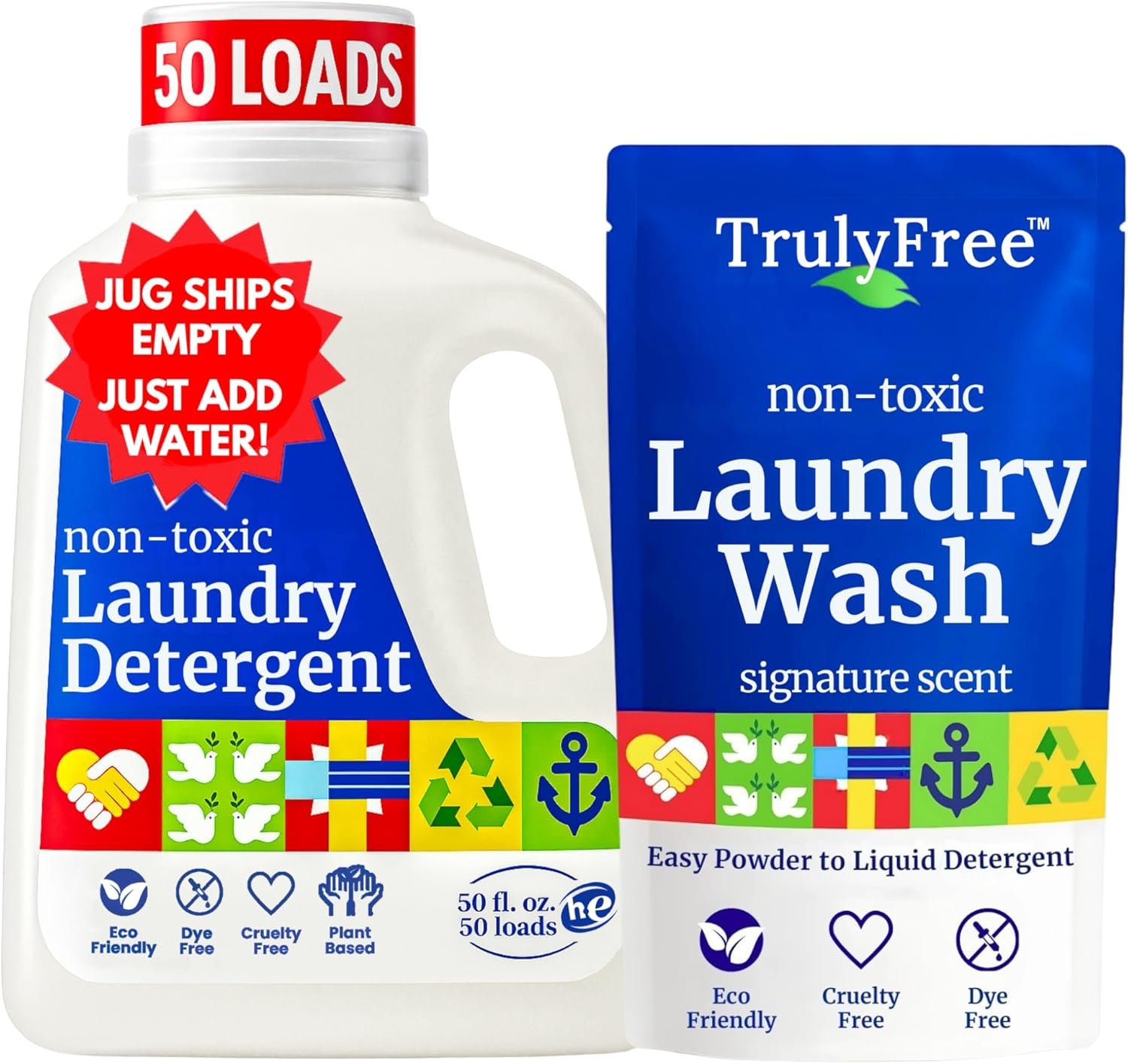 Truly Free Natural Laundry Detergent for Sensitive Skin | Eco Friendly, Plant Based, Baby Clothes Safe | Clean & Easy Powder to Liquid, 1 Empty Reusable Jug + 1 Fill Pack | Signature Scent, 50 Loads