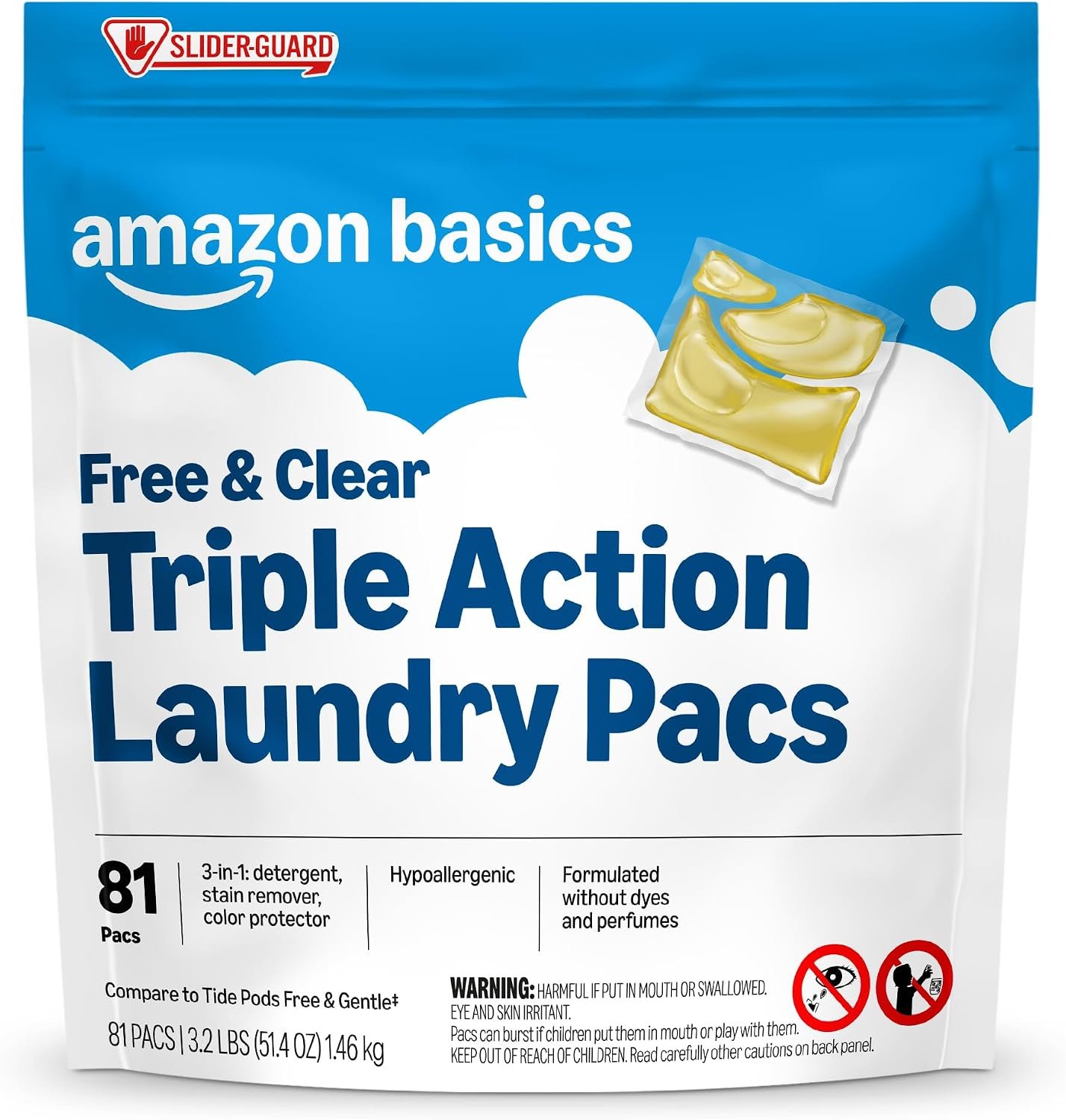 Amazon Basics Laundry Detergent Pacs, Free & Clear, Powerful Triple Action, Hypoallergenic, Unscented, 81 Count