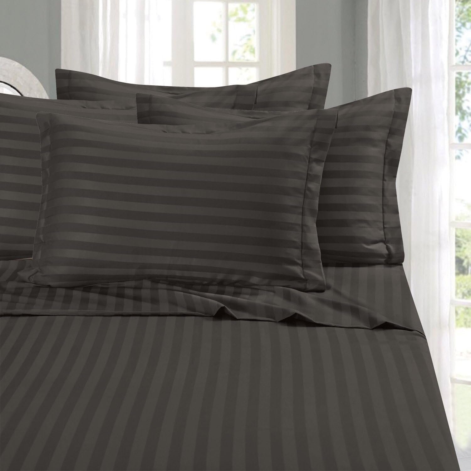 Elegant Comfort Best, Softest, Coziest 6-Piece Sheet Sets! – 1500 Premier Hotel Quality Luxurious Wrinkle Resistant 6-Piece Damask Stripe Bed Sheet Set, King Grey
