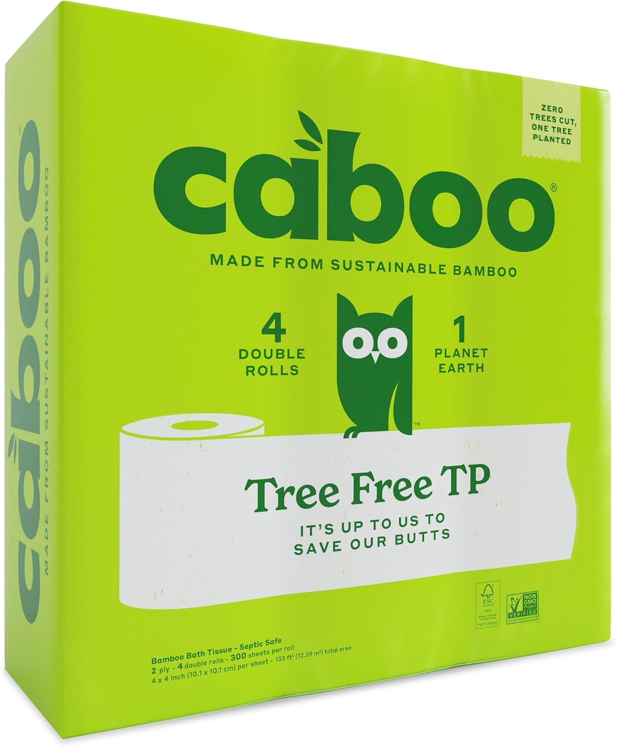 Caboo Tree Free Toilet Paper, Septic Safe Bath Tissue, Quick Dissolving 2 Ply Sheets – 300 Sheets Per Roll, 4 Double Rolls