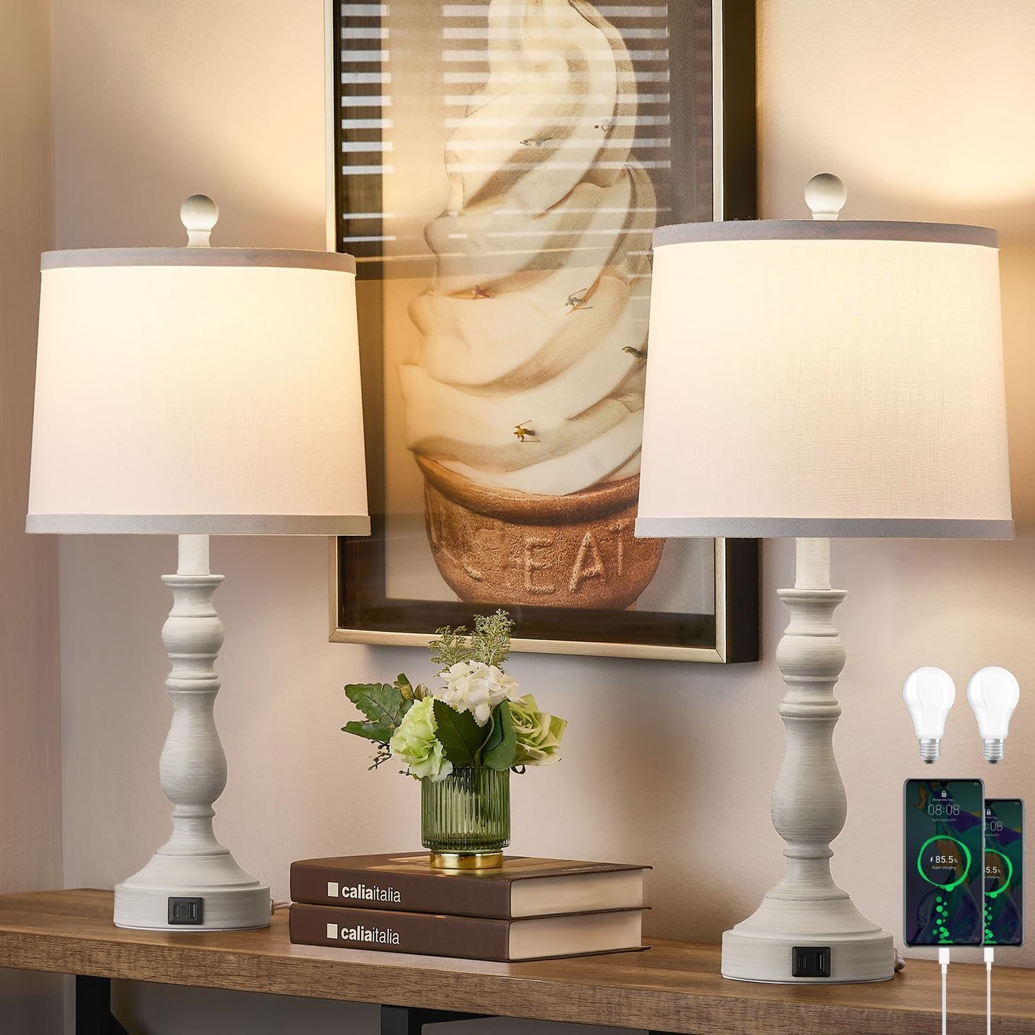23” Farmhouse Table Lamps for Living Room Set of 2 with USB C+A Ports, Retro Bedside Lamp for Bedroom, Office, Dining Room, Knob Switch, 3 Color Temperatures, Bulb Included, Beige