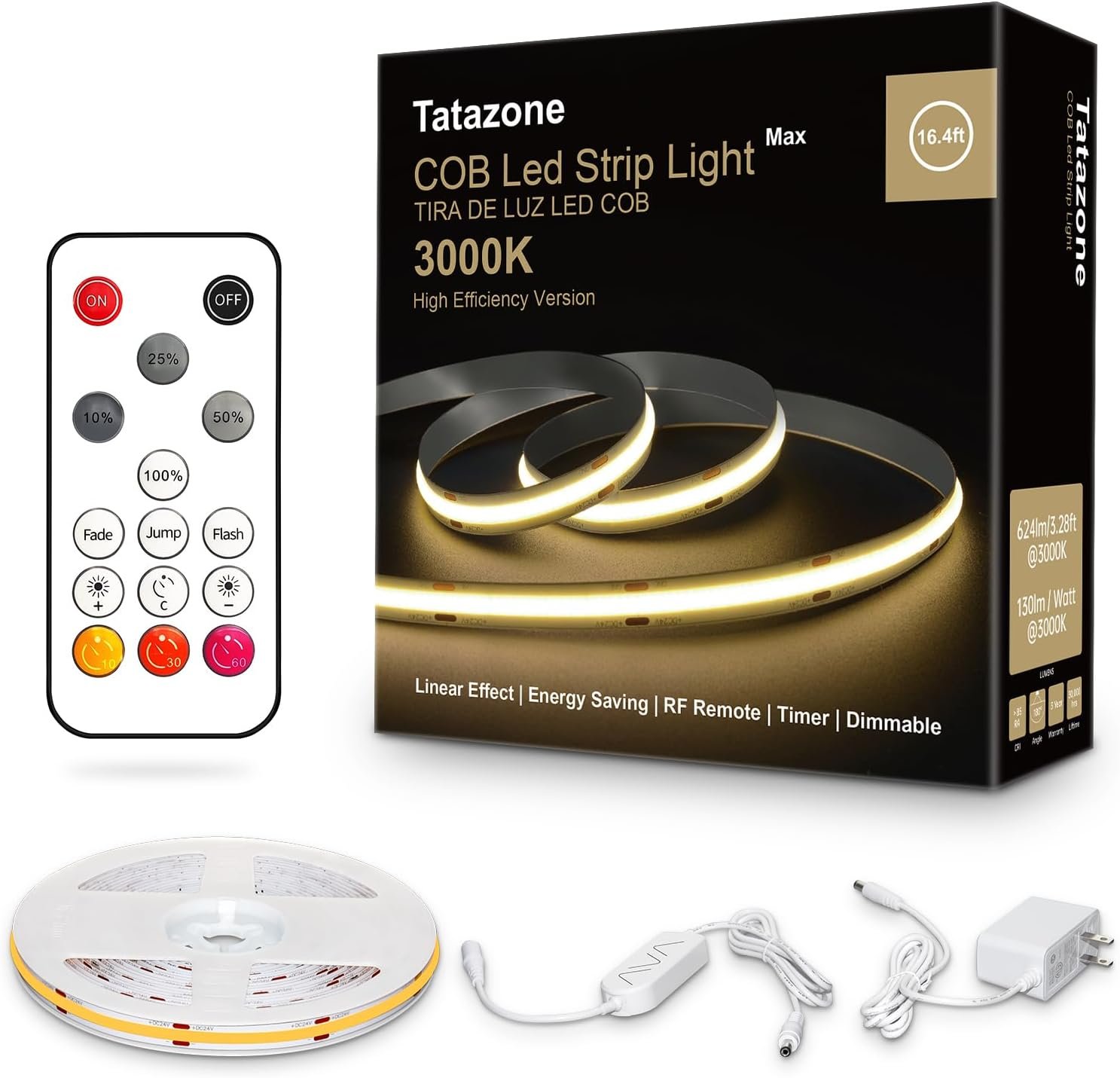 Tatazone White COB Led Strip Lights Max with RF Remote, 16.4ft 3000K CRI93+ Dimmable Bright Warm White COB Light Strip, Adhesive Indoor COB Led Lights for Living Room, Shelf, Cabinet