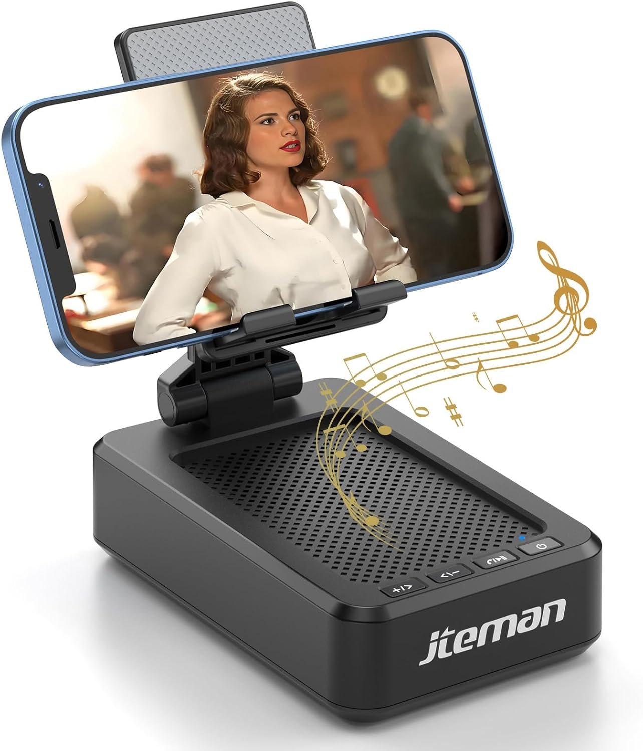 JTEMAN Cell Phone Stand with Bluetooth Speaker, HD Stereo Sound & Anti-Slip Base, Foldable Adjustable Desktop Phone Holder for Home Office, Cool Tech Gadgets Birthday Gifts for Men Women (Black)