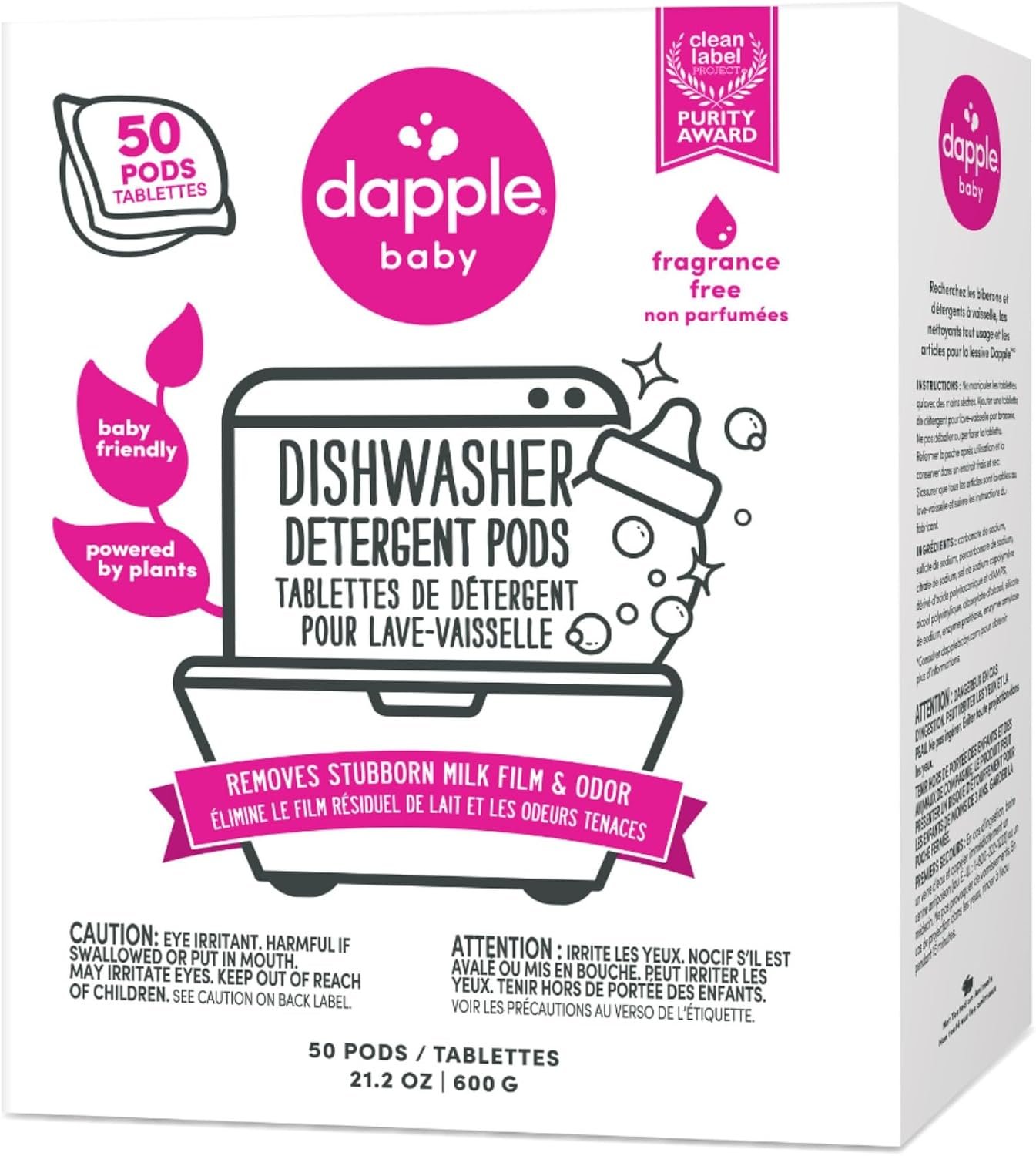 Dapple Baby Dishwasher Detergent Pods – 50 Count – Fragrance-Free, Hypoallergenic & Plant-Powered Dishwasher Pacs – Removes Milk Residue From Baby Bottles