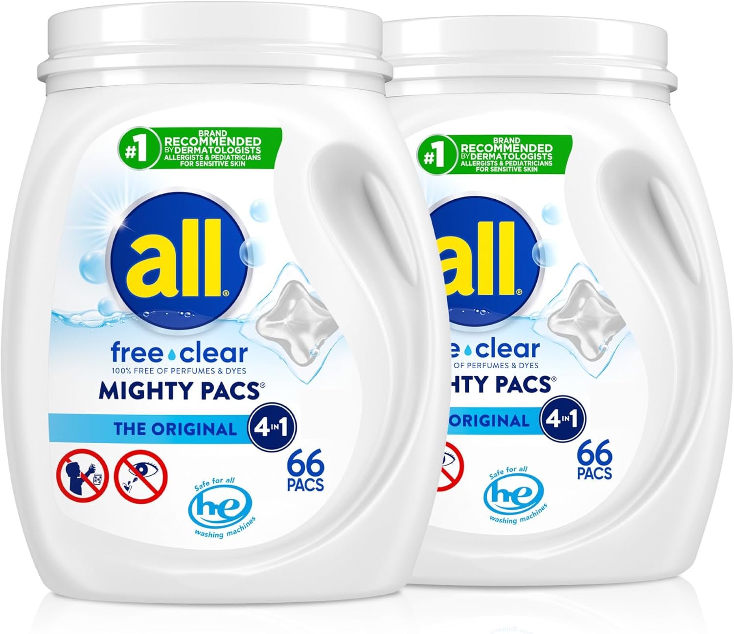 all free clear, Original, MIGHTY PACS Laundry Detergent Pacs for Sensitive Skin, Unscented and Hypoallergenic, 66 Count (Pack of 2)