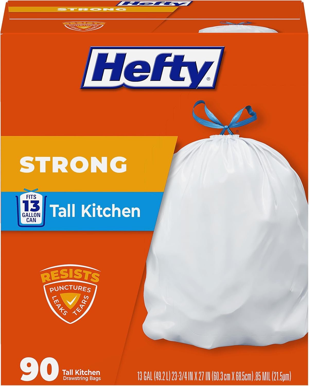 Hefty Strong 13 Gallon Trash Bags, Tall Kitchen, Drawstrings, Durable Closure, Resists Leaks, Punctures, Tears, White, Unscented, 90 Count