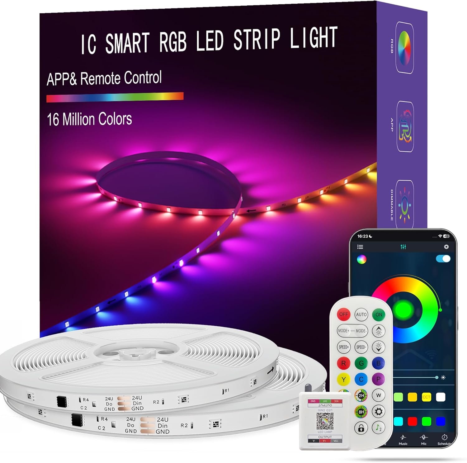 Led Lights for Bedroom 100FT Smart IC+RGB, Music Sync Color Changing Strip Lights, 24Key Remote+App Control Light Strip for BedHead,Underbed,Ceiling,Background Wall(2Rolls of 50FT)