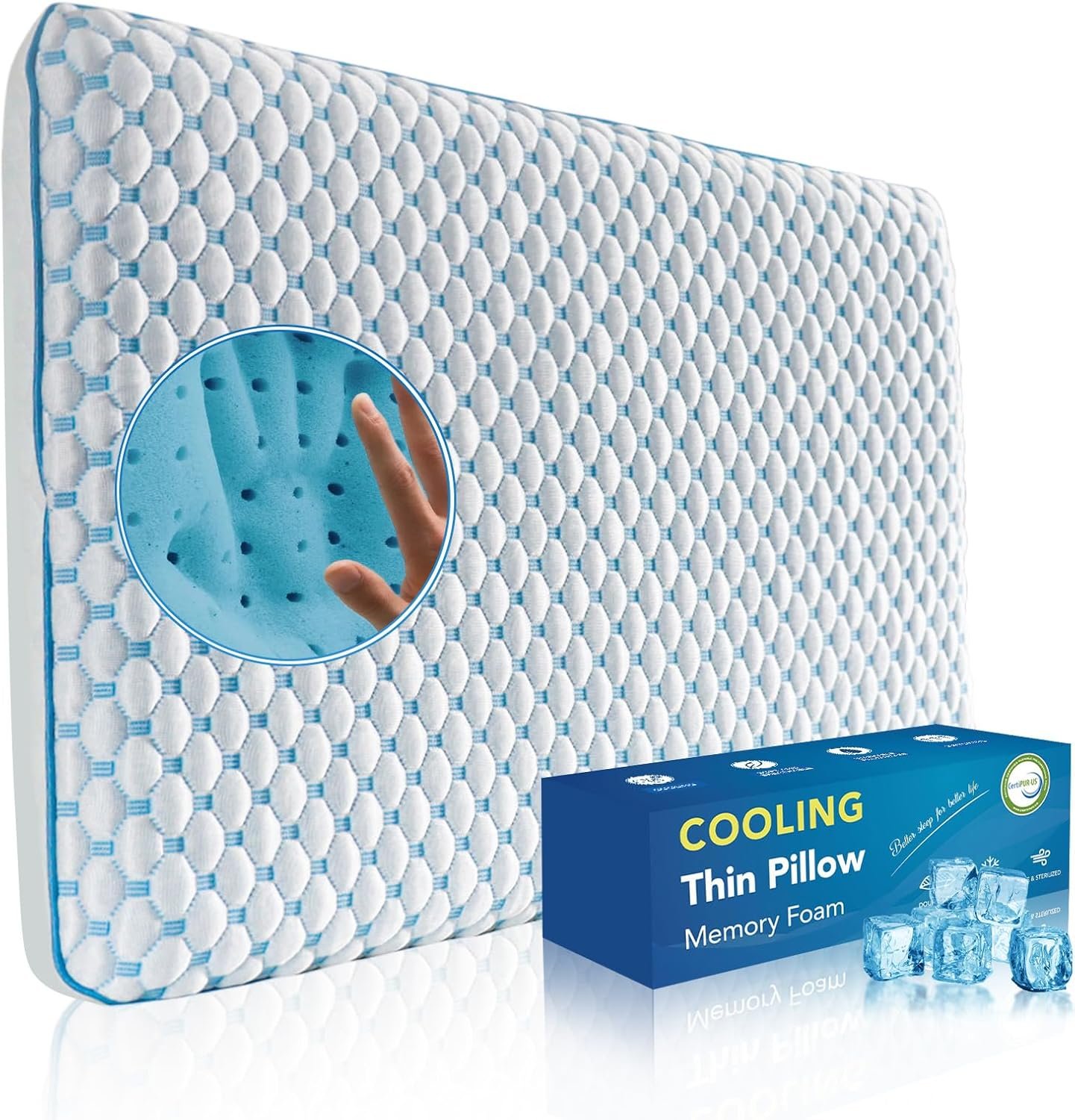 Thin Pillow for Sleeping, Cooling Gel Flat Pillow for Stomach and Back Sleepers, Ultra Slim Stomach Sleeping Pillows for Shoulder Neck Pain Relief, Low Profile Memory Foam Pillows 2.25-inches