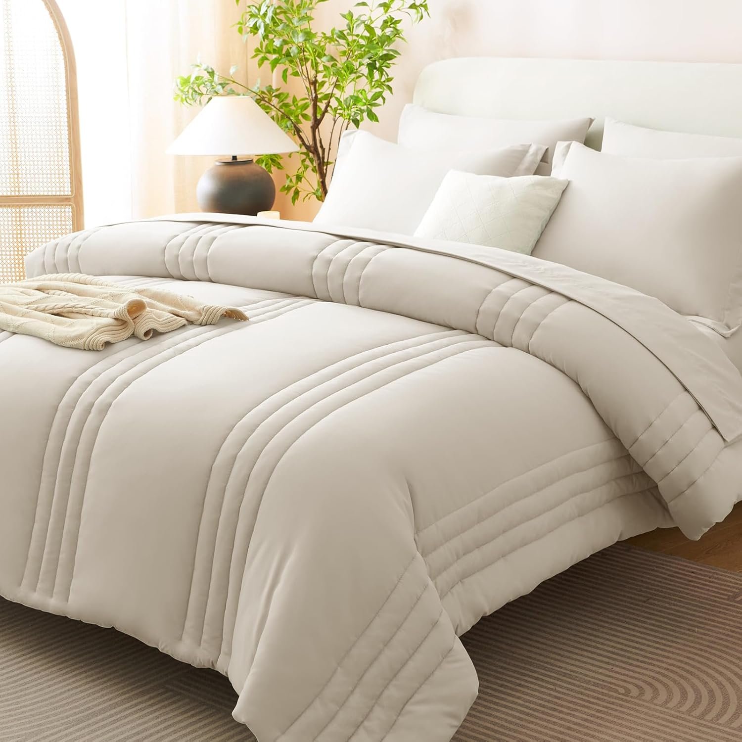 CozyLux Queen Comforter Set Beige – 7 Pieces Bed in a Bag, Modern Vertical Quilted Room Decor, Soft All-Season Bedding Gift with Comforter, Sheets, Pillowcases & Shams