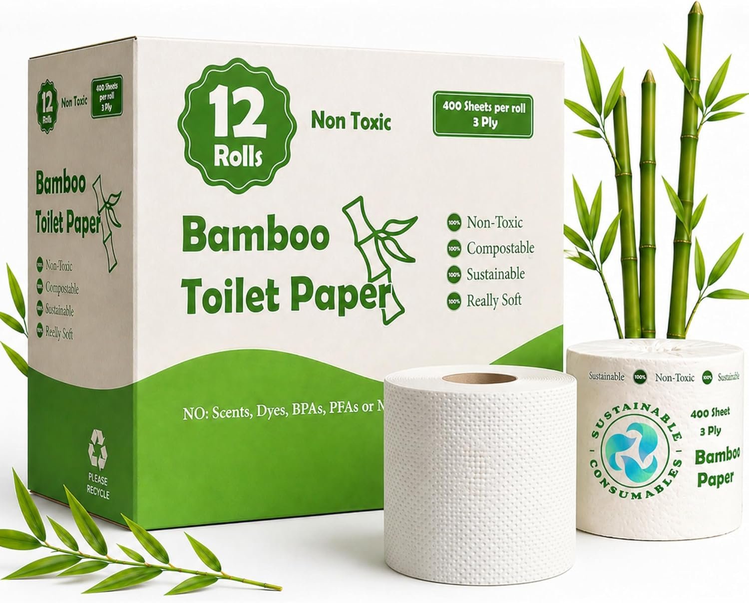 12 Rolls Healthy Organic Bamboo Toilet Paper 3-Ply 400 Sheets | Non Toxic Hypoallergenic PFAS BPA Dye Scent Free | Clog Free RV Boat Septic Safe | Soft Ultra-Strong Individually Wrapped & Lint Free