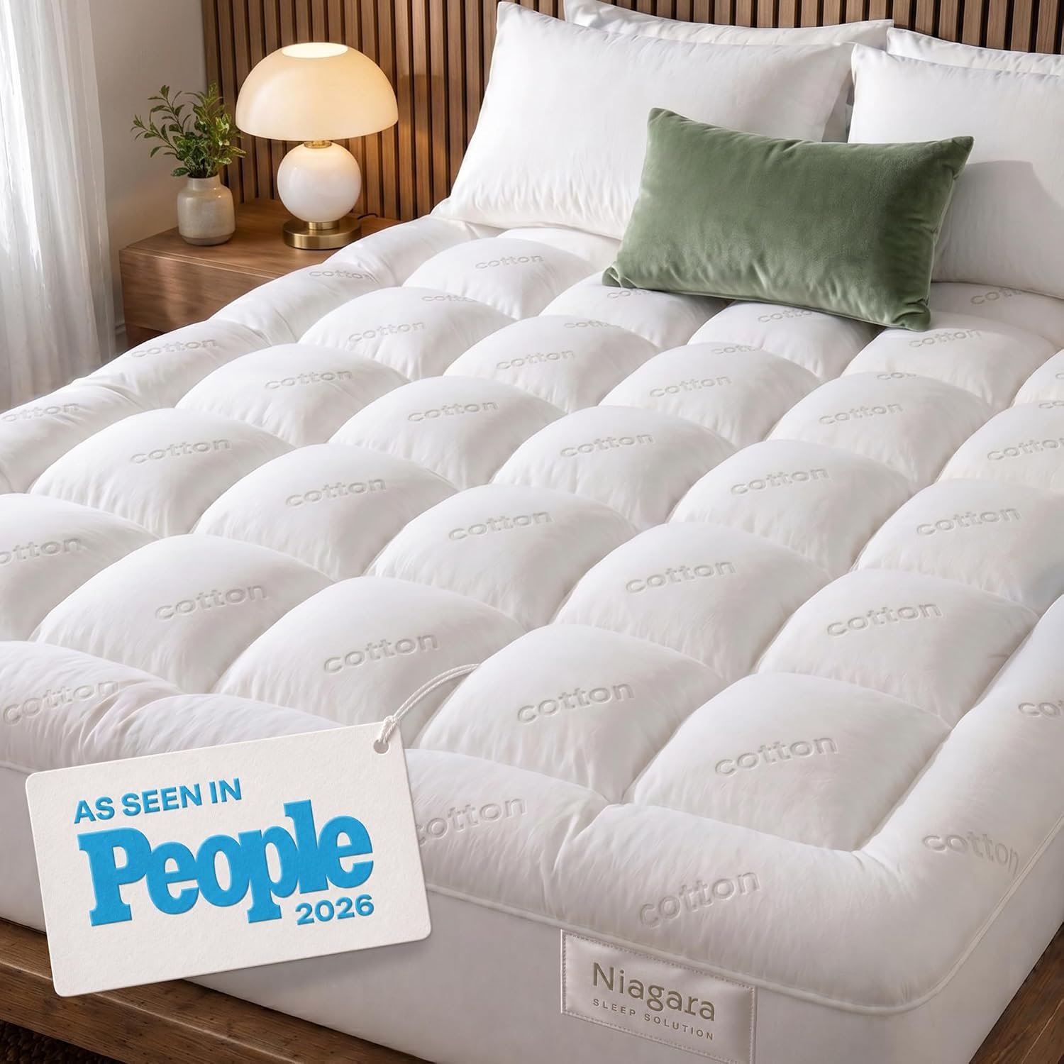 Niagara Sleep Solution Cloud-Like King Non-Slip Mattress Topper – 100% Cotton Top Mattress Pad for Back Pain Relief – Extra-Grip, Breathable & Naturally Cooling for Hot Sleepers, White