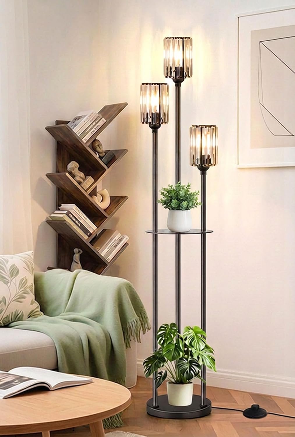 Crystal Standing Floor Lamp with Shelves for Living Room 67″ Tall Black | Whimsical Tree Luxury Modern Lamp with Storge Table 3 Glass Shade Light On/Off Switch for Couch Corner Bedroom Rustic Gothic