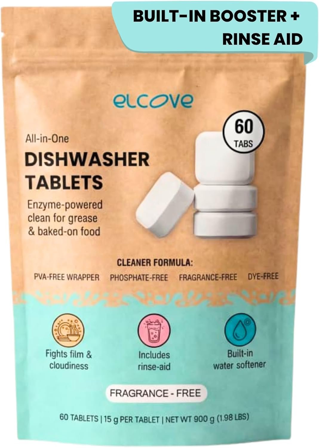 Non Toxic Dishwasher Detergent, 60pk All-in-One Dishwasher Tablets with Built-In Dishwasher Rinse Aid and Water Softener, Non Toxic Dishwasher Pods, Unscented, Septic Safe