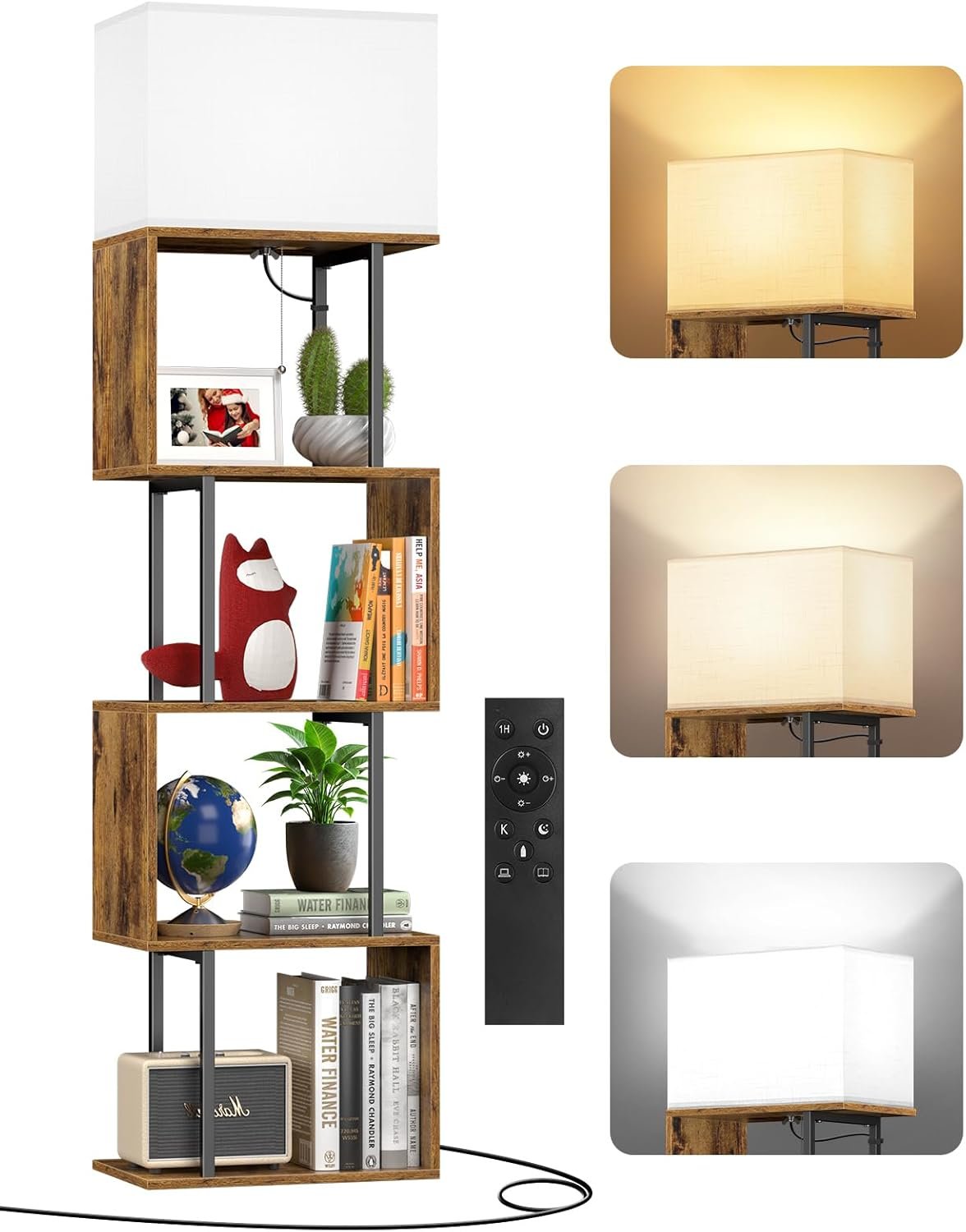 5-Tier Floor Lamp with Shelves & Remote, Dimmable S-Shaped Bookshelf with 3 Color Temperature, 1-Hour Timer, Tall Corner Standing Lamp for Living Room, Bedroom, Office (Rustic Brown)