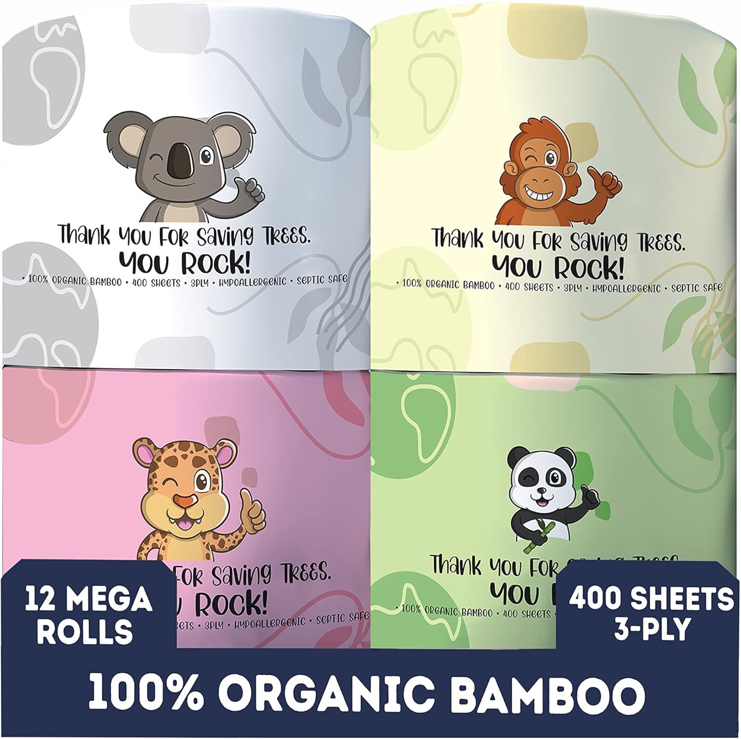 MOTHER EARTH Bamboo Toilet Paper – Ultra Soft & Strong 3-Ply Bath Tissue, 400 Sheets Per Roll, Hypoallergenic & Septic Safe, Mega Rolls, Pack of 12 Rolls