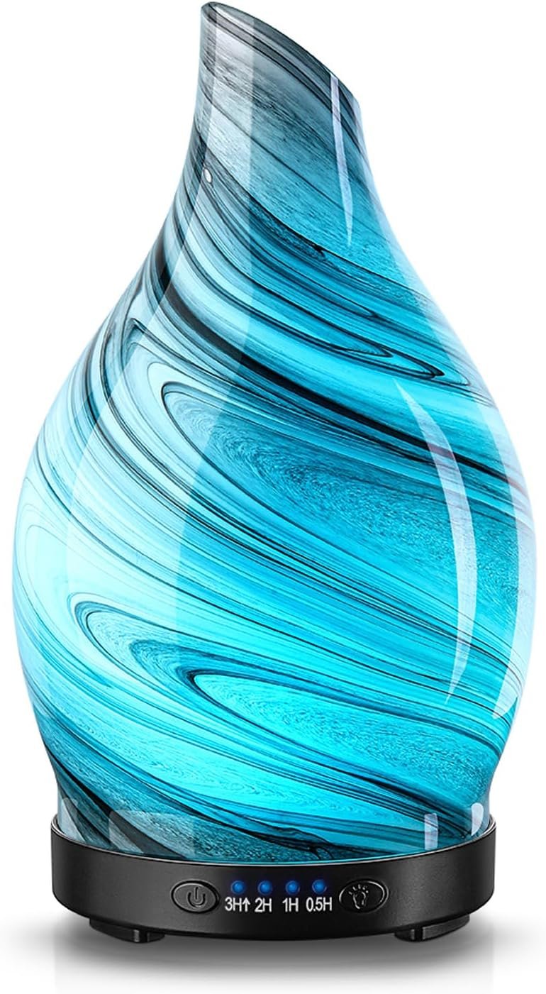 Essential Oil Diffuser, 120ML Glass Aromatherapy Diffuser with Auto Shut-Off and 7 Color LED Lights, Ultrasonic Mist Humidifier with 4 Timer for Home Office Bedroom (Gray Wave)