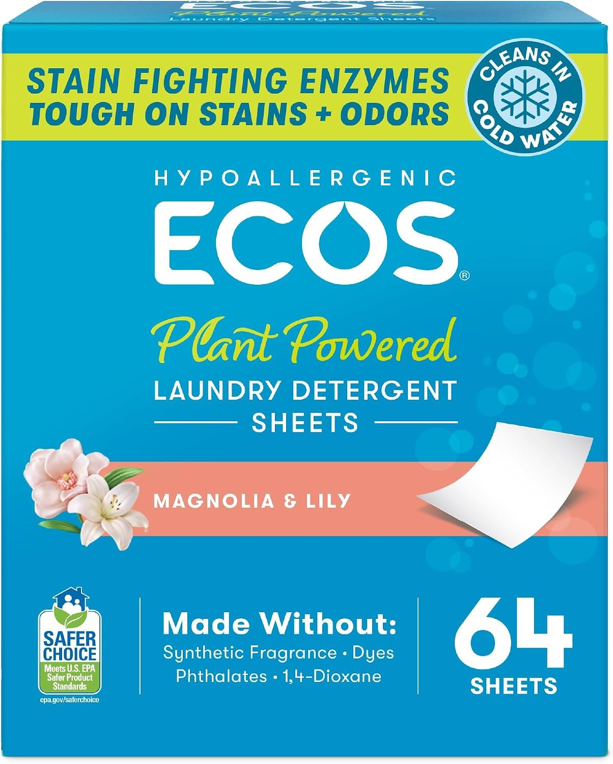 ECOS Laundry Detergent Sheets Vegan, No Plastic Jug, No Mess, Liquid Free – Hypoallergenic, Plant Powered Laundry Detergent Sheet – Magnolia & Lily – 64 Count (Pack of 1)