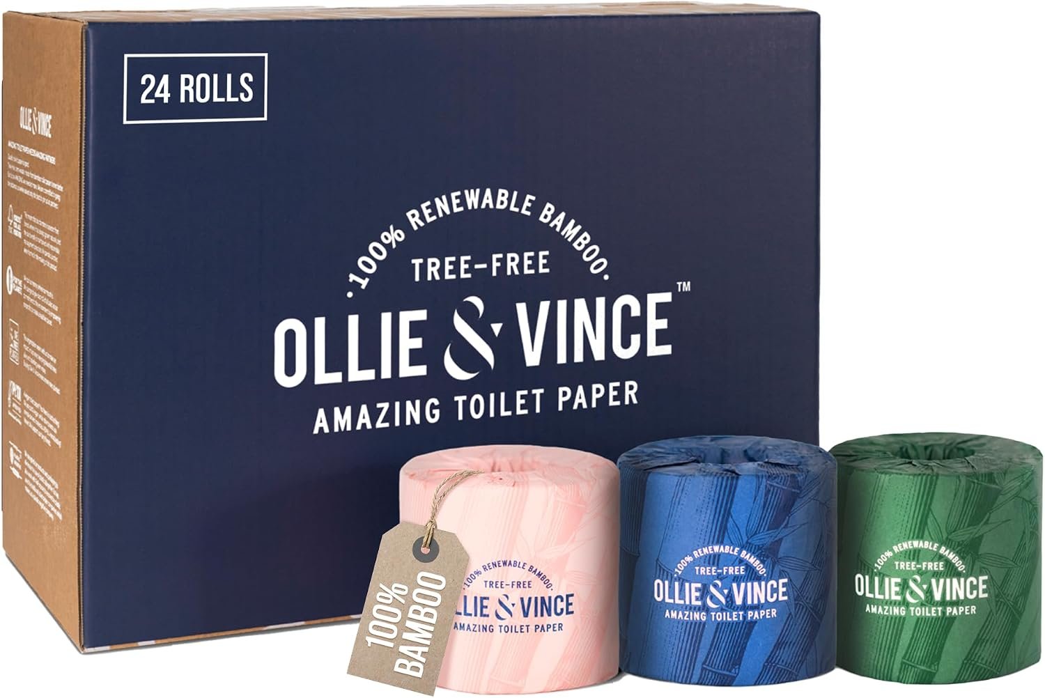 Ollie & Vince Bamboo Toilet Paper | Sustainable, Eco-Friendly, Plastic-Free & Tree-Free, Organic | 24 Rolls, 3-Ply, Soft, Strong & Septic Safe, Unscented | Premium Bathroom Tissue