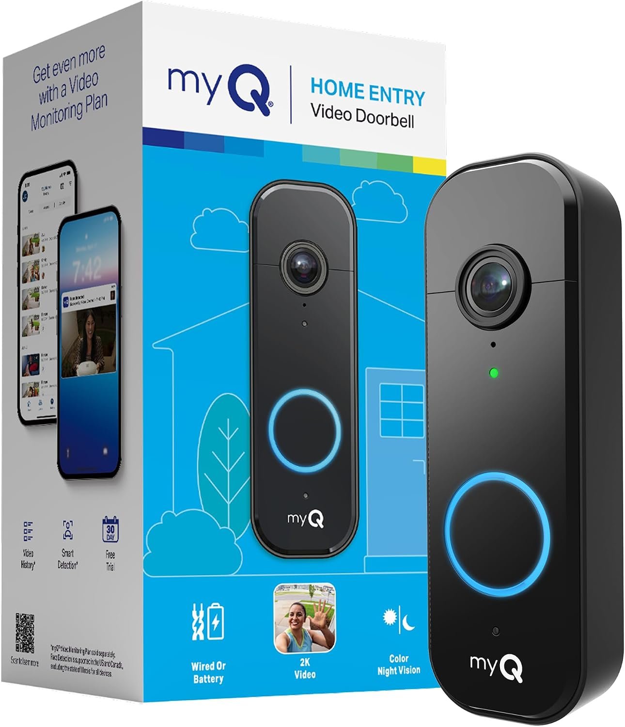 Chamberlain myQ Video Doorbell | 2K Camera, Battery/Wired, Color Night Vision, Live with 2-Way Talk, Motion Detection & Real-Time Alerts, 150 Deg Wide View, Black