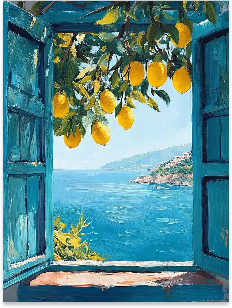 Mediterranean Window View Wall Art Coastal Lemon Tree Canvas Prints Blue Seascape Posters Modern Nature Landscape Pictures for Bedroom Living Room Office Decor 12×16 In Unframed