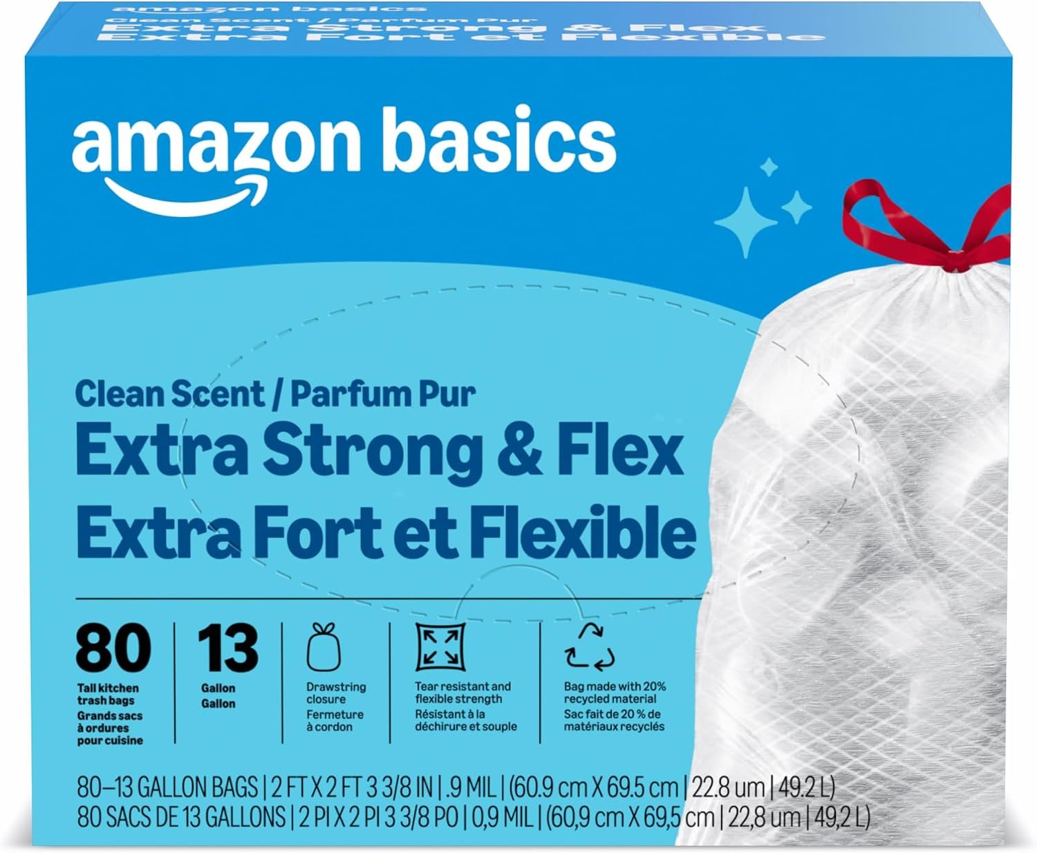 Amazon Basics Ultra-Force Tall Kitchen Drawstring Trash Bags, Classic Clean Scented, 13 Gallon, 80 Count, Pack of 1, Packaging May Vary